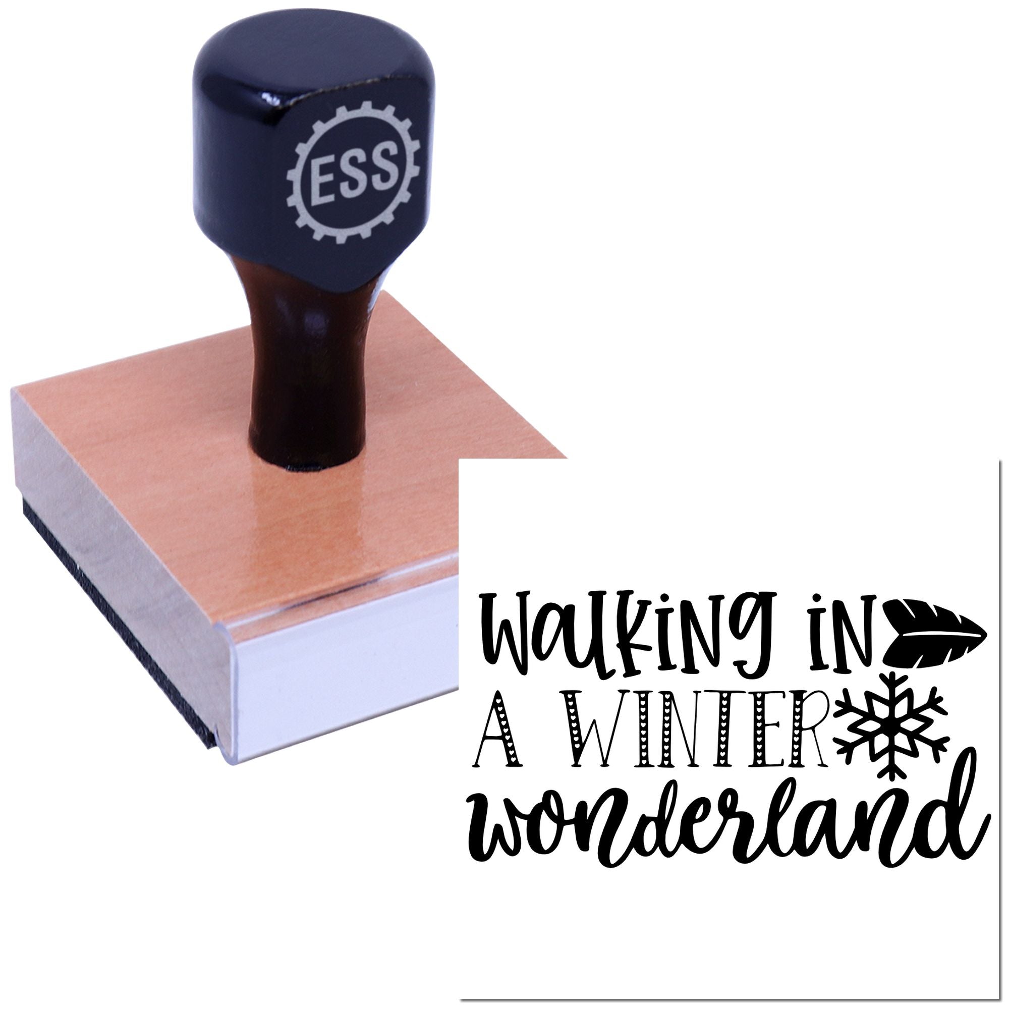 Black ESS rubber stamp on a wood block beside a white seal design reading Walking in a Winter Wonderland.