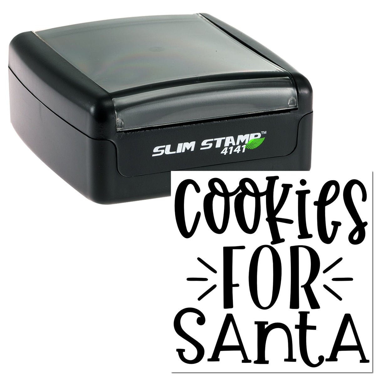 Black Slim Stamp self-inking stamp and custom seal reading Cookies for Santa on a white background.