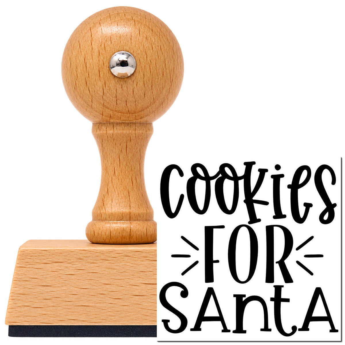 Vintage Pro beech wood stamp with a round knob handle, shown with its black Cookies For Santa Word Art imprint on white.