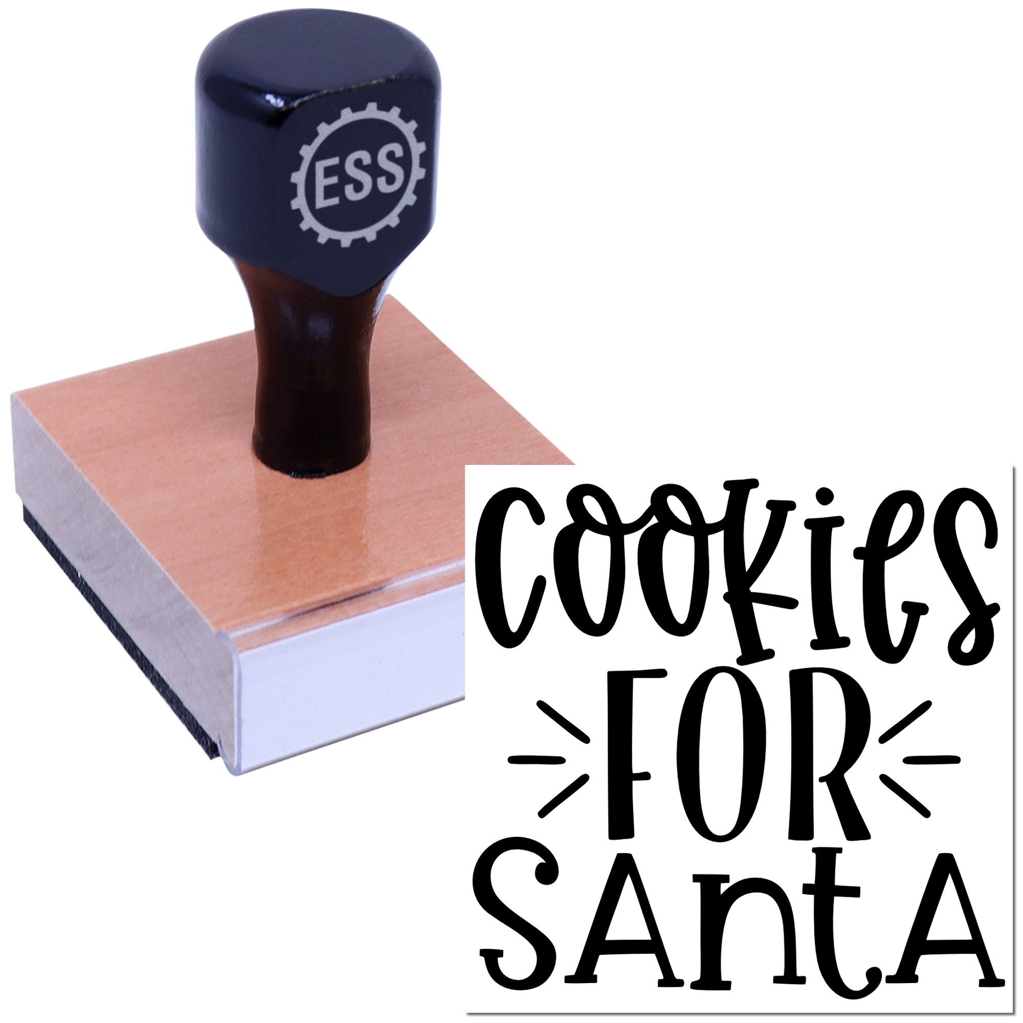 Navy ESS self-inking stamp on peach seal block, creating a black Cookies for Santa imprint.