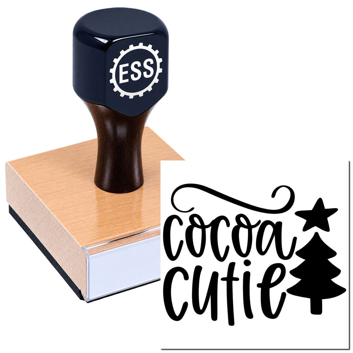 Black ESS rubber stamp on a wooden block beside a black "Coroa Cutie" seal logo on white background