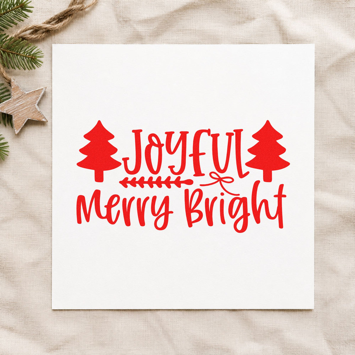 Joyful Merry Bright Trees craft stamp in red ink on cardstock, an easy option for runner trio printing.