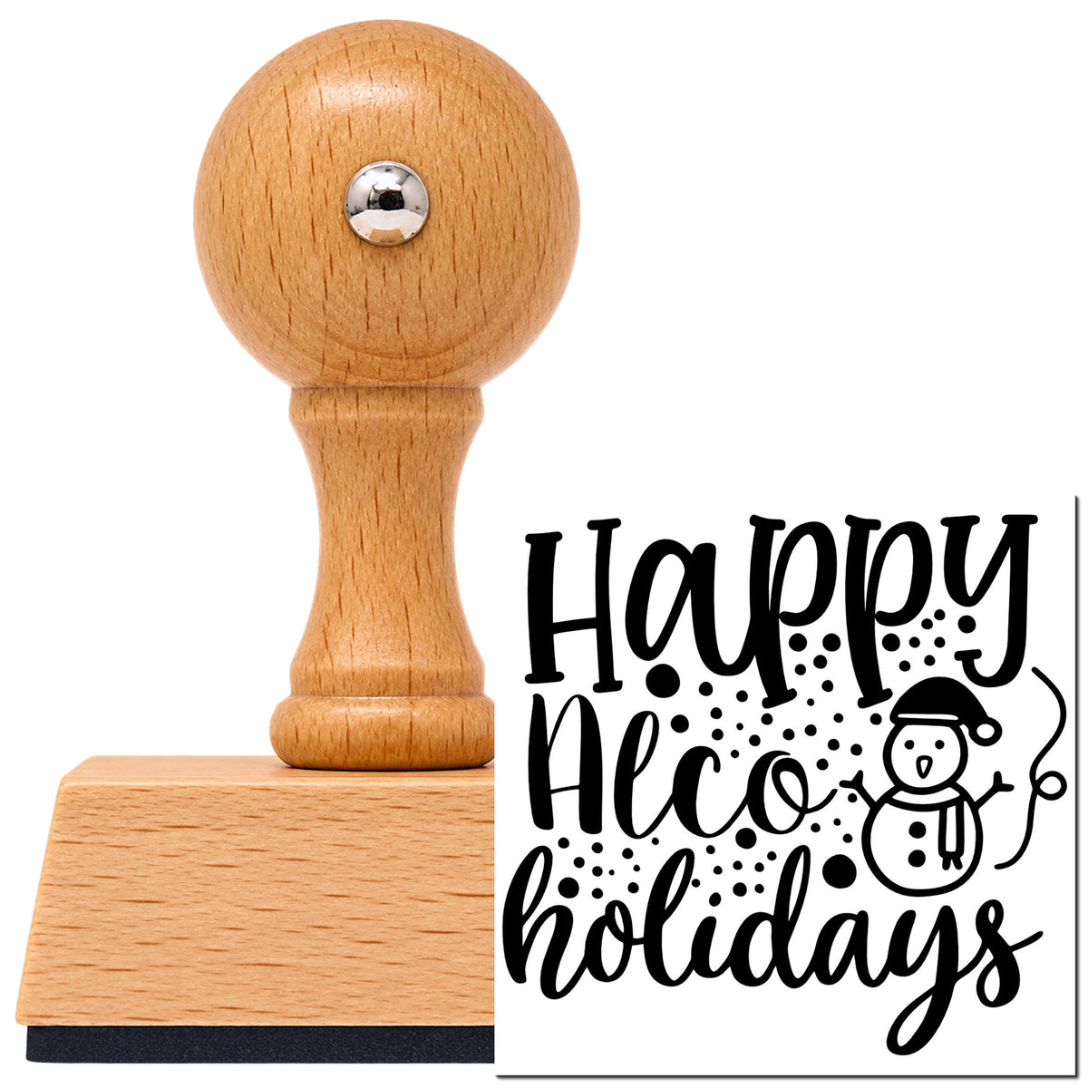 Vintage Pro beech wood stamp with a round knob handle, shown with its black Snowman With Happy Alco Holidays imprint on white.