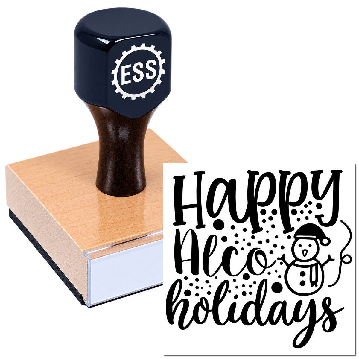 Black ESS self-inking stamp on wooden block with "Happy Holidays" seal design and snowman graphic