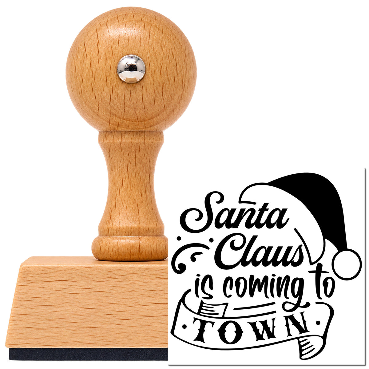 Vintage Pro beech wood stamp with a round knob handle, shown with its black Santa Claus Coming To Town imprint on white.