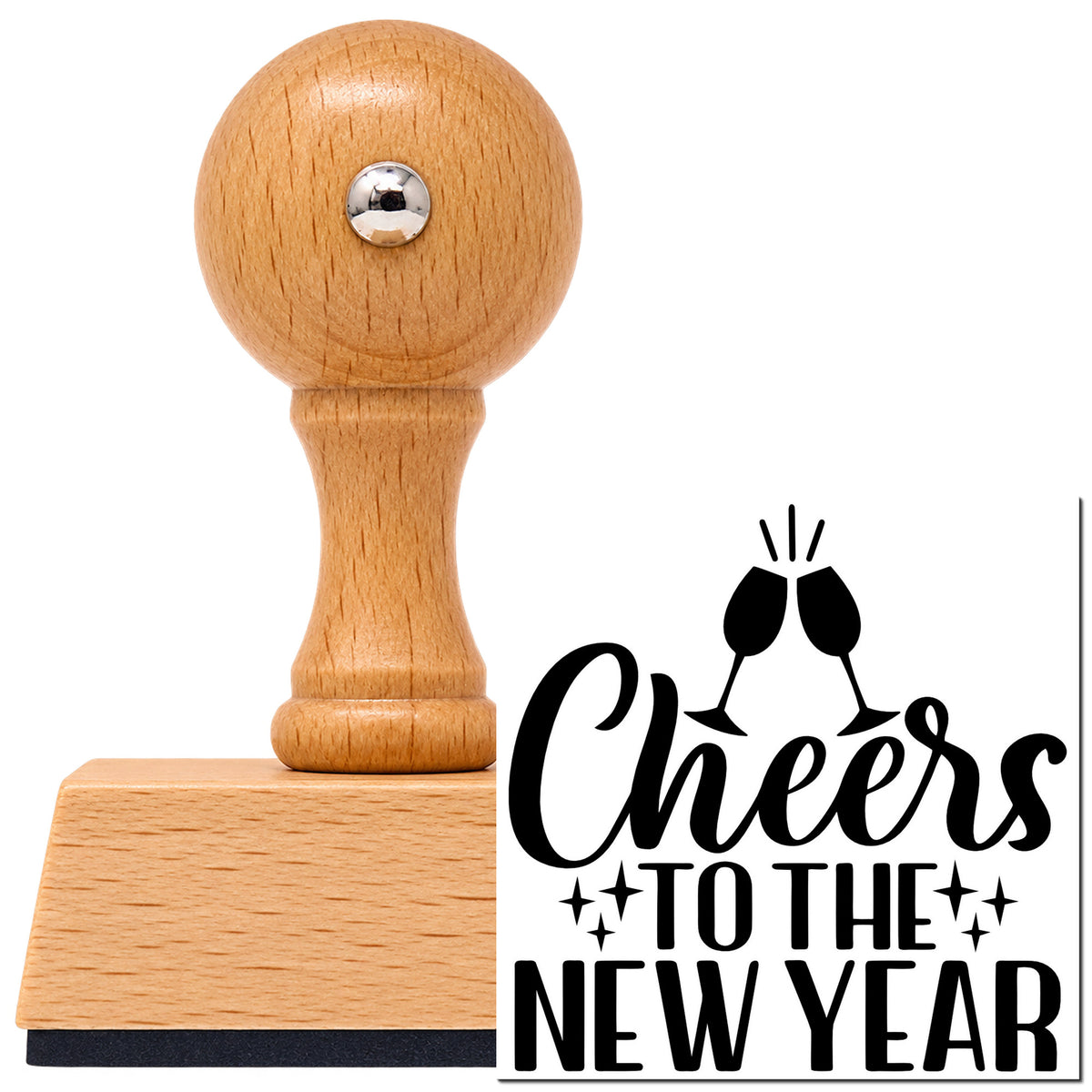 Vintage Pro beech wood stamp with a round knob handle, shown with its black Cheers To The New Year imprint on white.