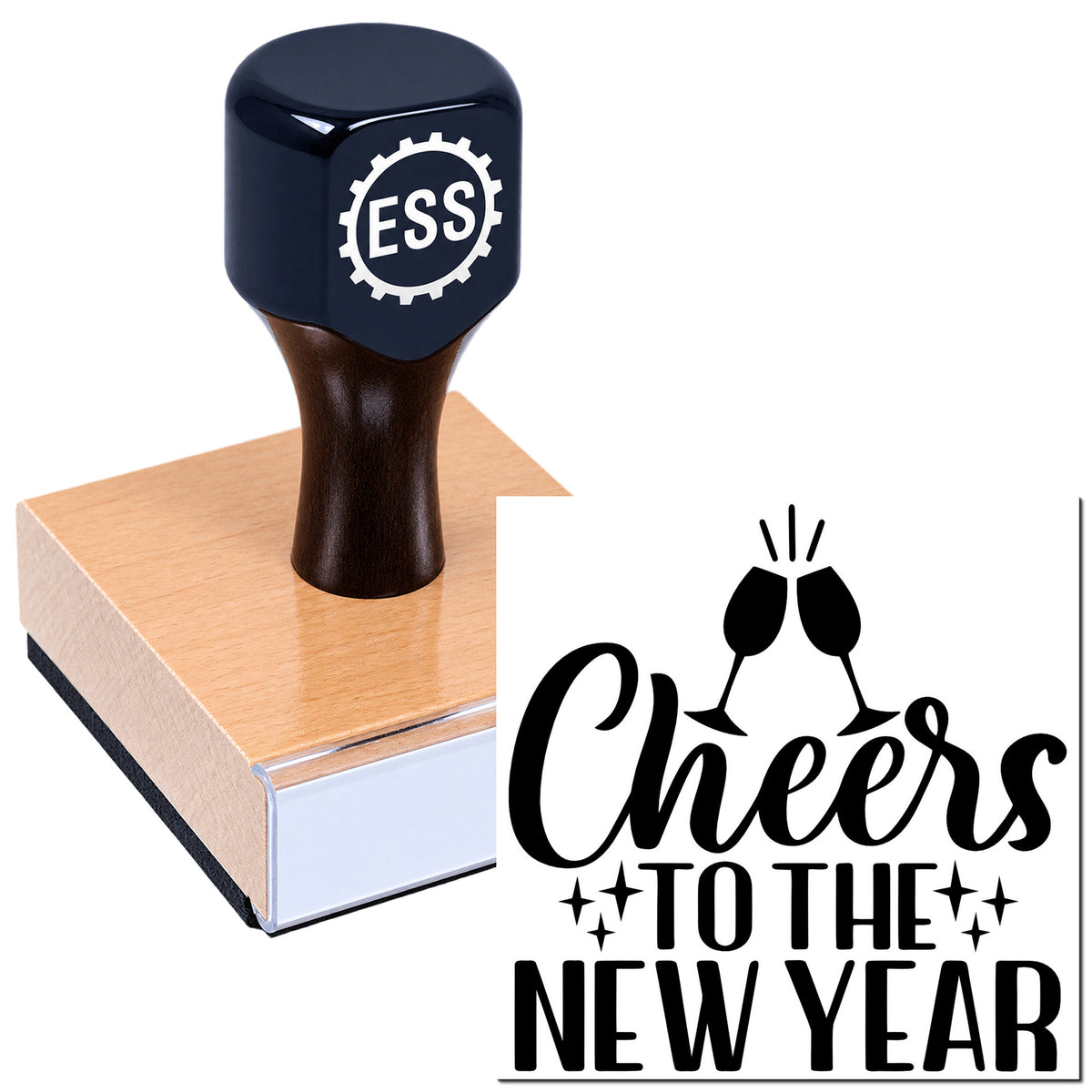 Dark navy ESS rubber stamp on wooden base with black "Cheers to the New Year" seal design