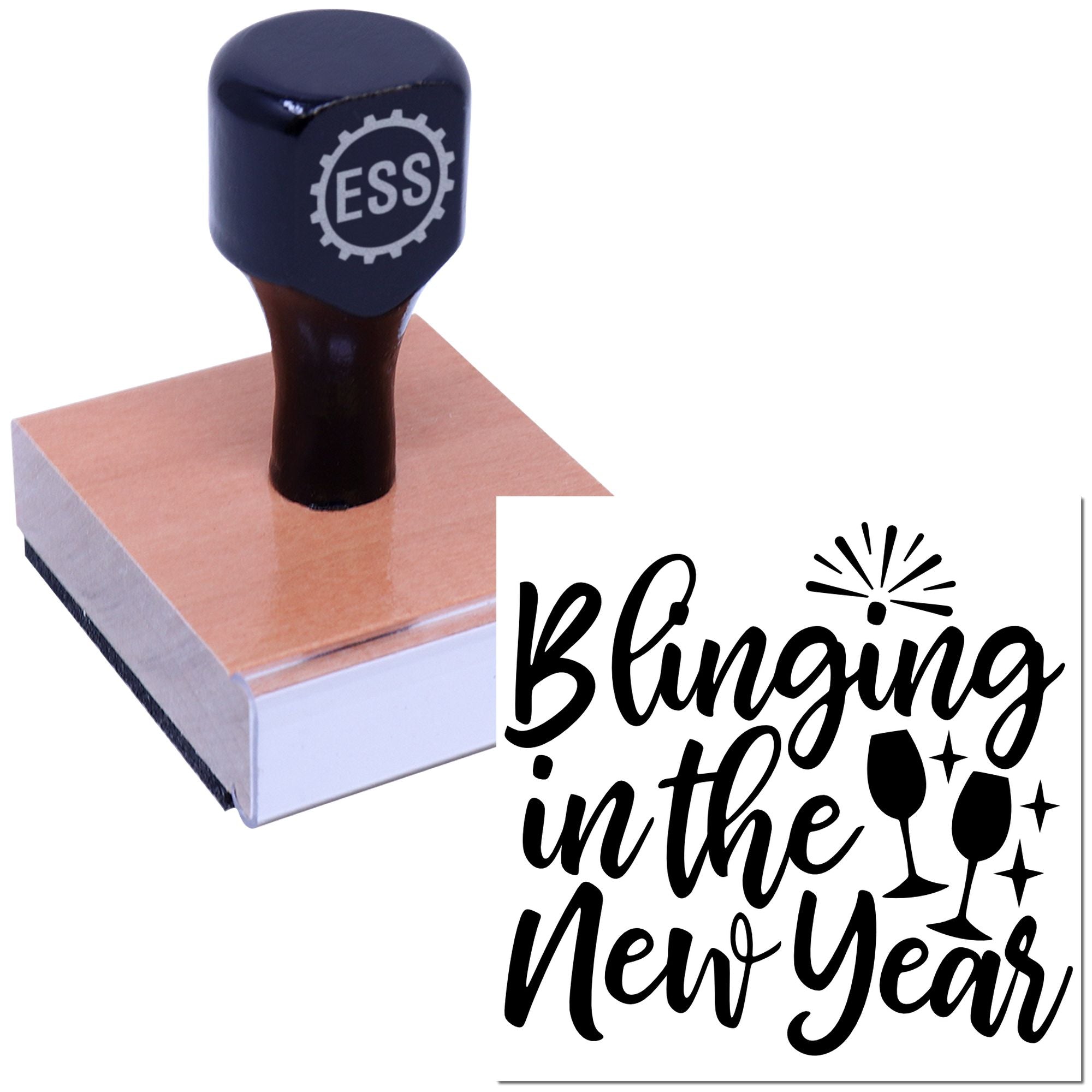 Black ESS self-inking stamp and seal on copper pad with Blinging in the New Year script, champagne glasses, and sparkles.