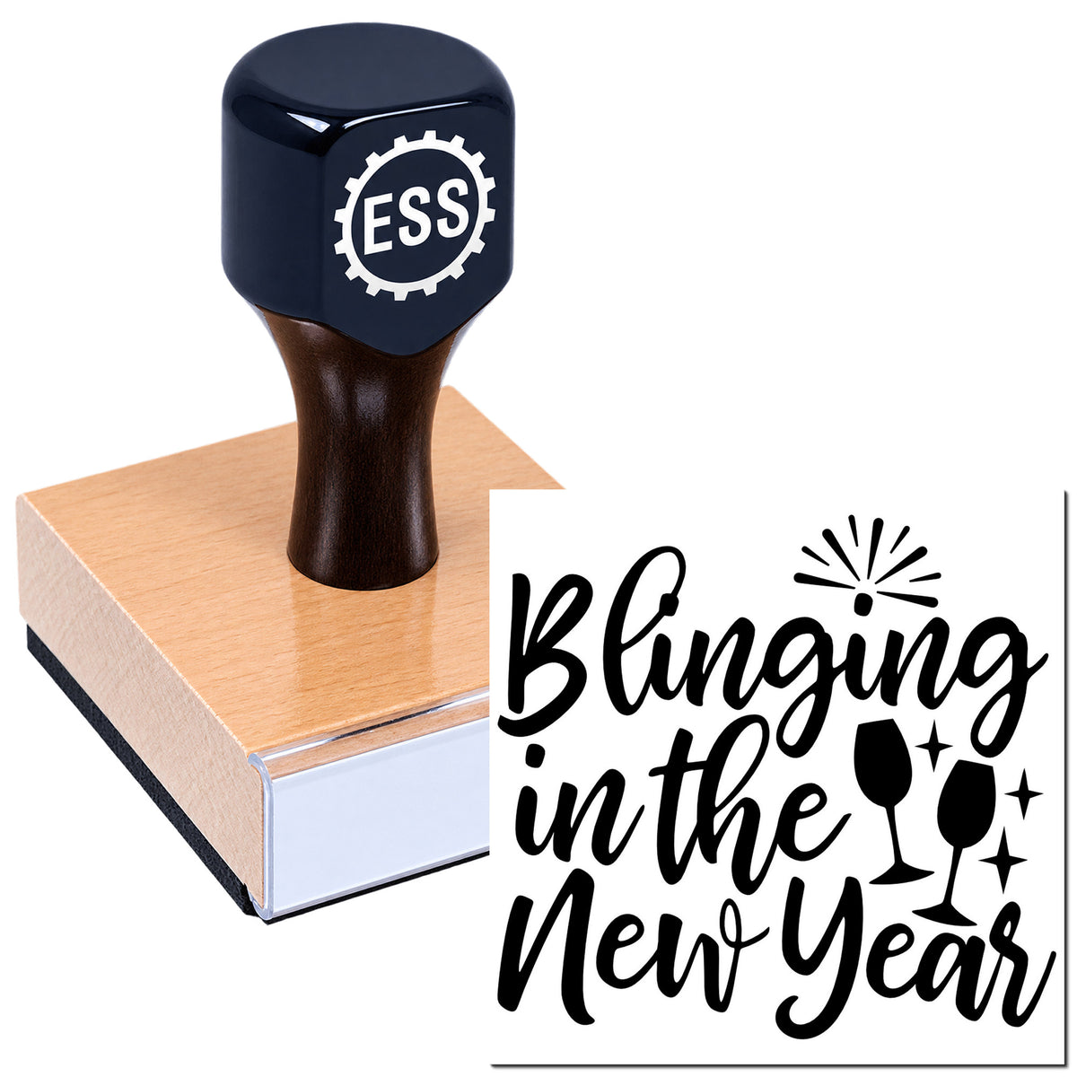 Black ESS self-inking stamp and seal on copper pad with "Blinging in the New Year" script, champagne glasses, and sparkles.