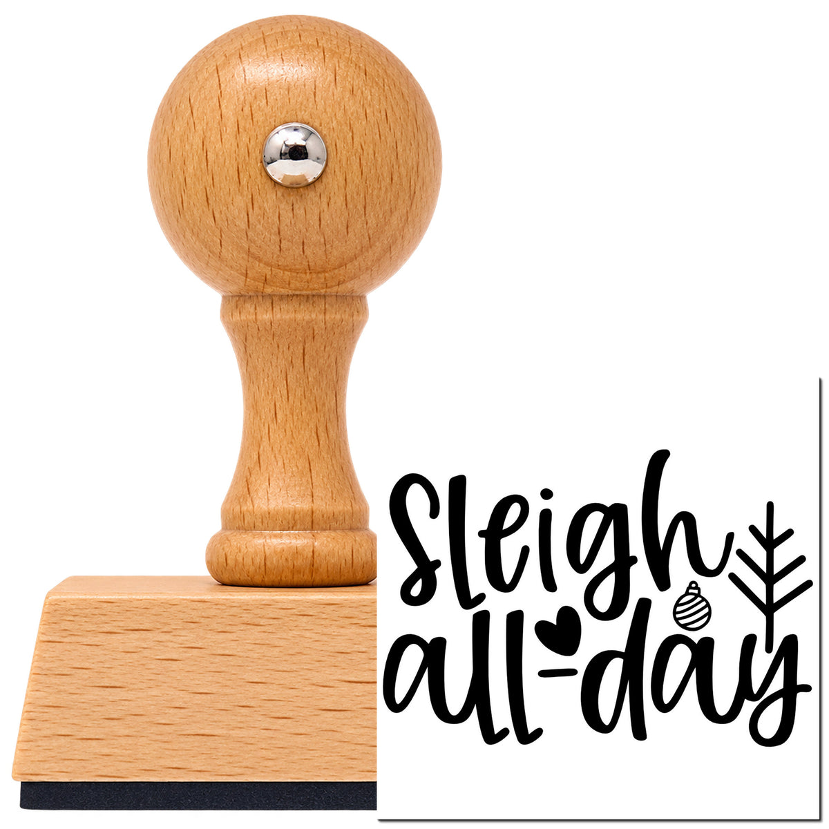 Vintage Pro beech wood stamp with a round knob handle, shown with its black Sleigh All Day Arrow imprint on white.