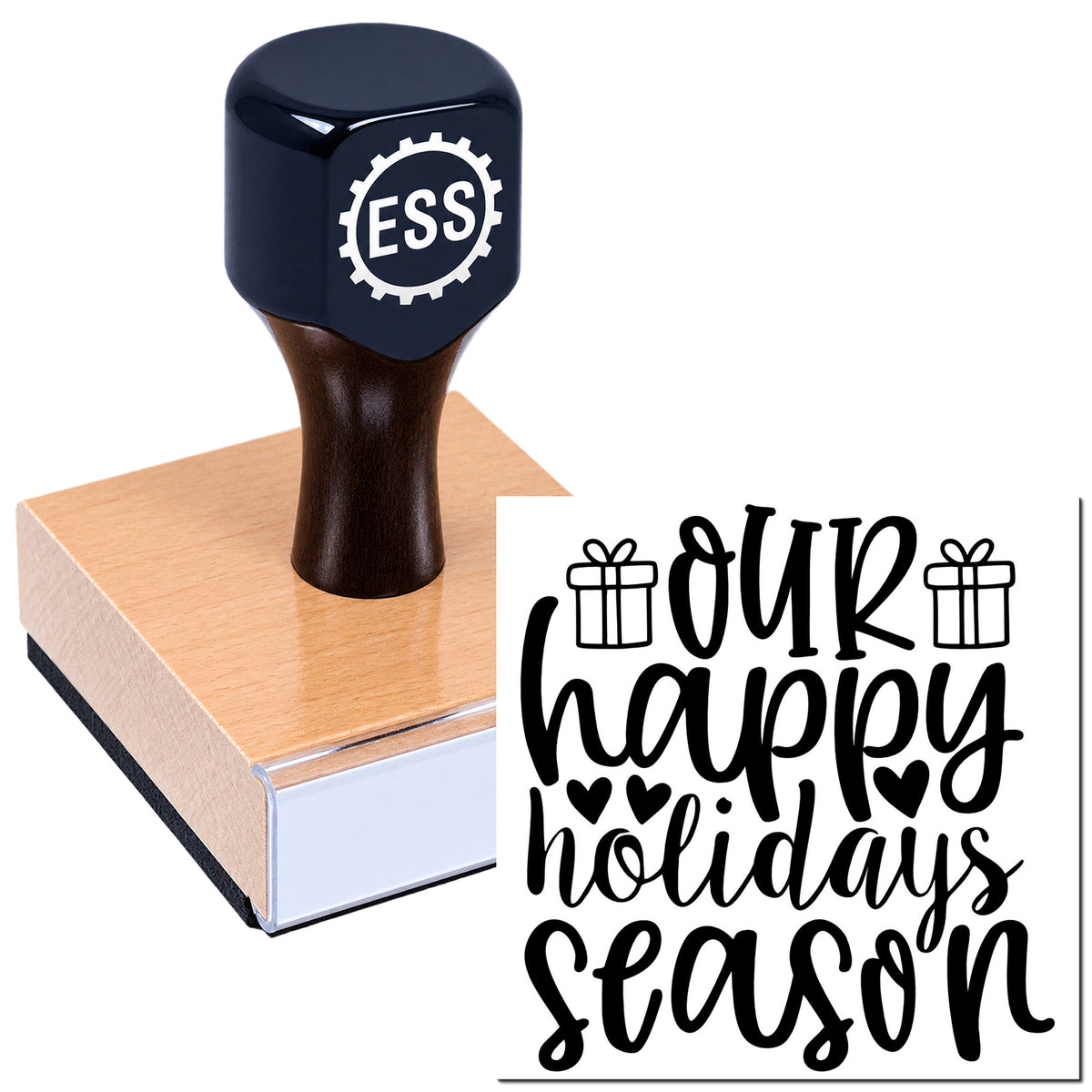 Navy ESS stamp and seal on rose-gold base beside black "our happy holidays season" design with gift icons.
