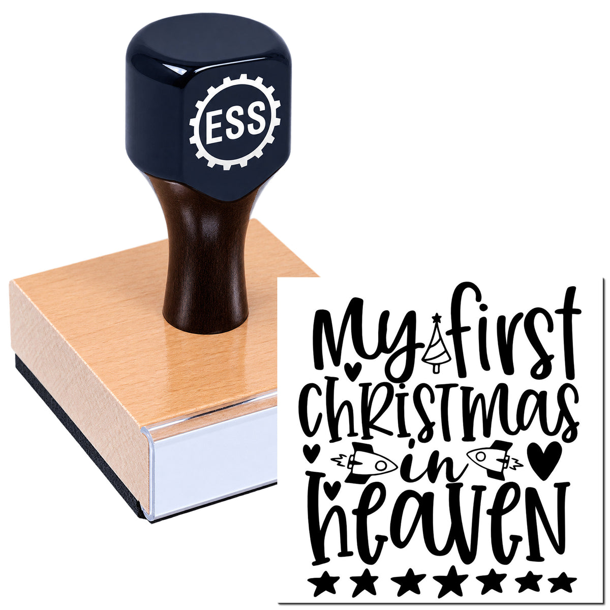 Navy ESS rubber stamp on a wooden seal block with black "My first Christmas in heaven" design.