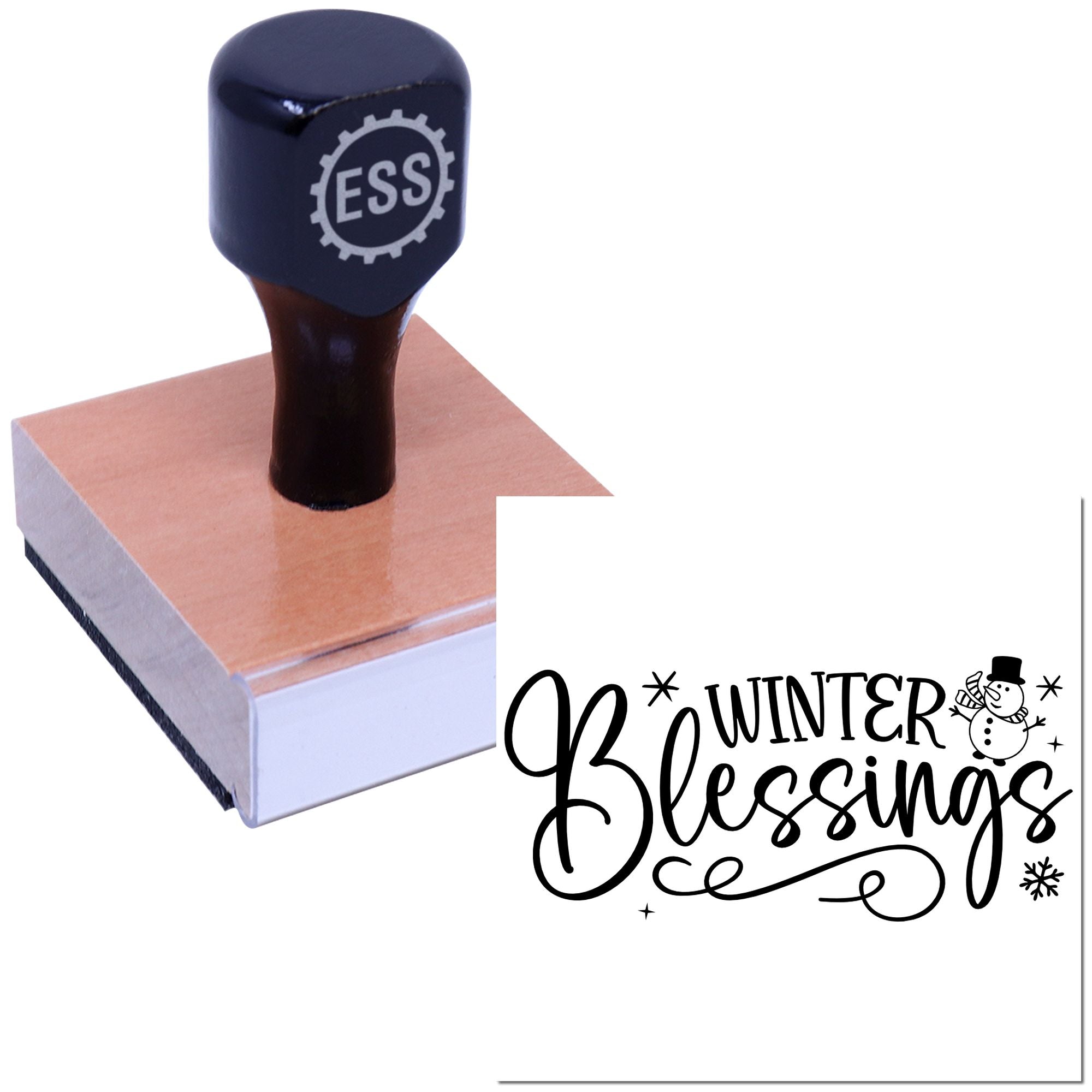 Black ESS rubber stamp on wooden block with Winter Blessings seal design, snowman and snowflakes.