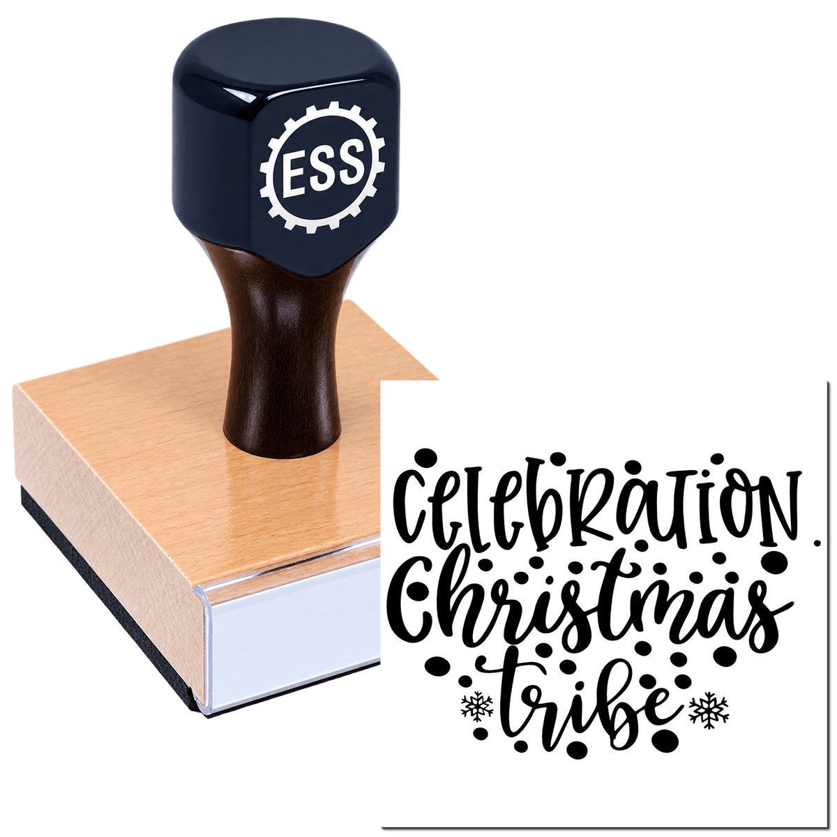 Black ESS rubber stamp seal on wooden base, stamped with festive "Celebration Christmas tribe" design in black.