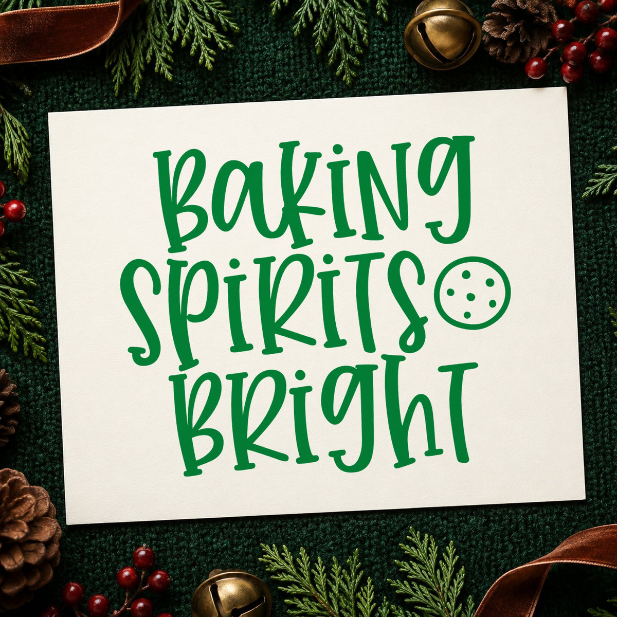 Baking Spirits Bright Cookie craft stamp imprint in green ink on a handmade project, one idea being sale table cards.