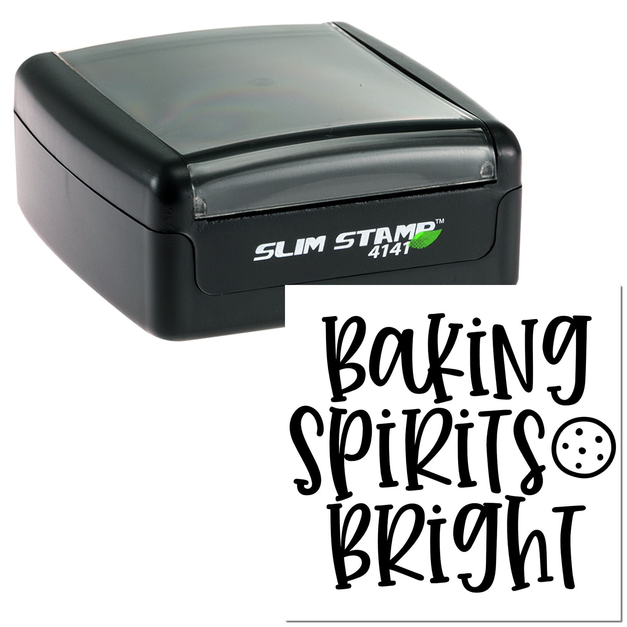 Black Slim Stamp 4141 self-inking stamp with custom seal reading Baking Spirits Bright