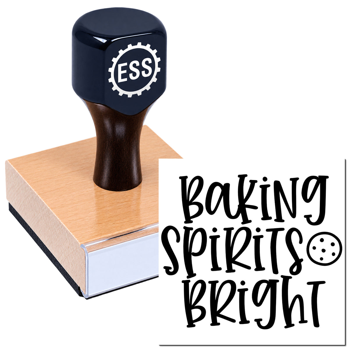 Black ESS self-inking stamp and seal on a wood block, printing "Baking Spirits Bright" in bold black.