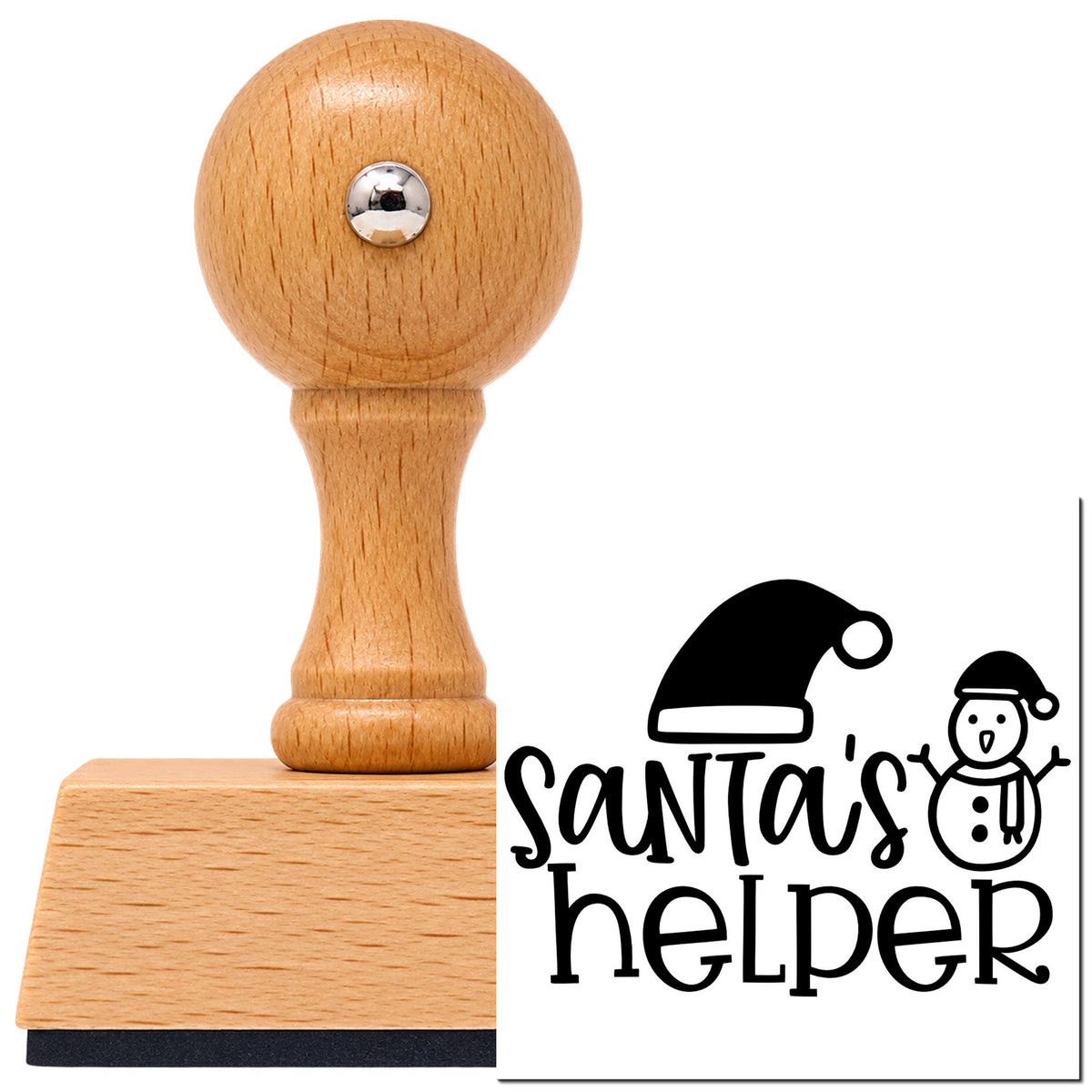 Vintage Pro beech wood stamp with a round knob handle, shown with its black Santa's Helper Hat Snowman imprint on white.
