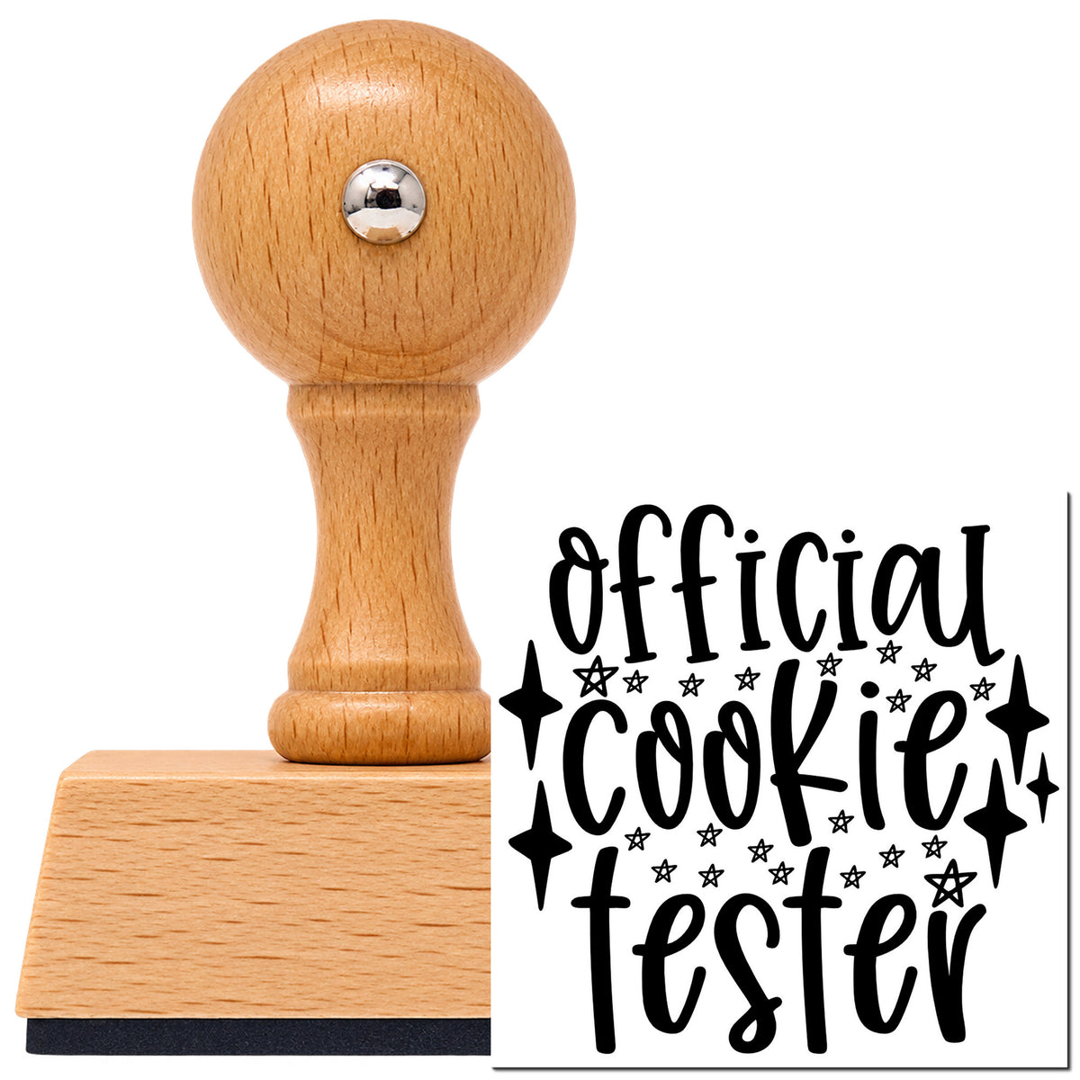 Vintage Pro beech wood stamp with a round knob handle, shown with its black Official Cookie Tester Star Accents imprint on white.