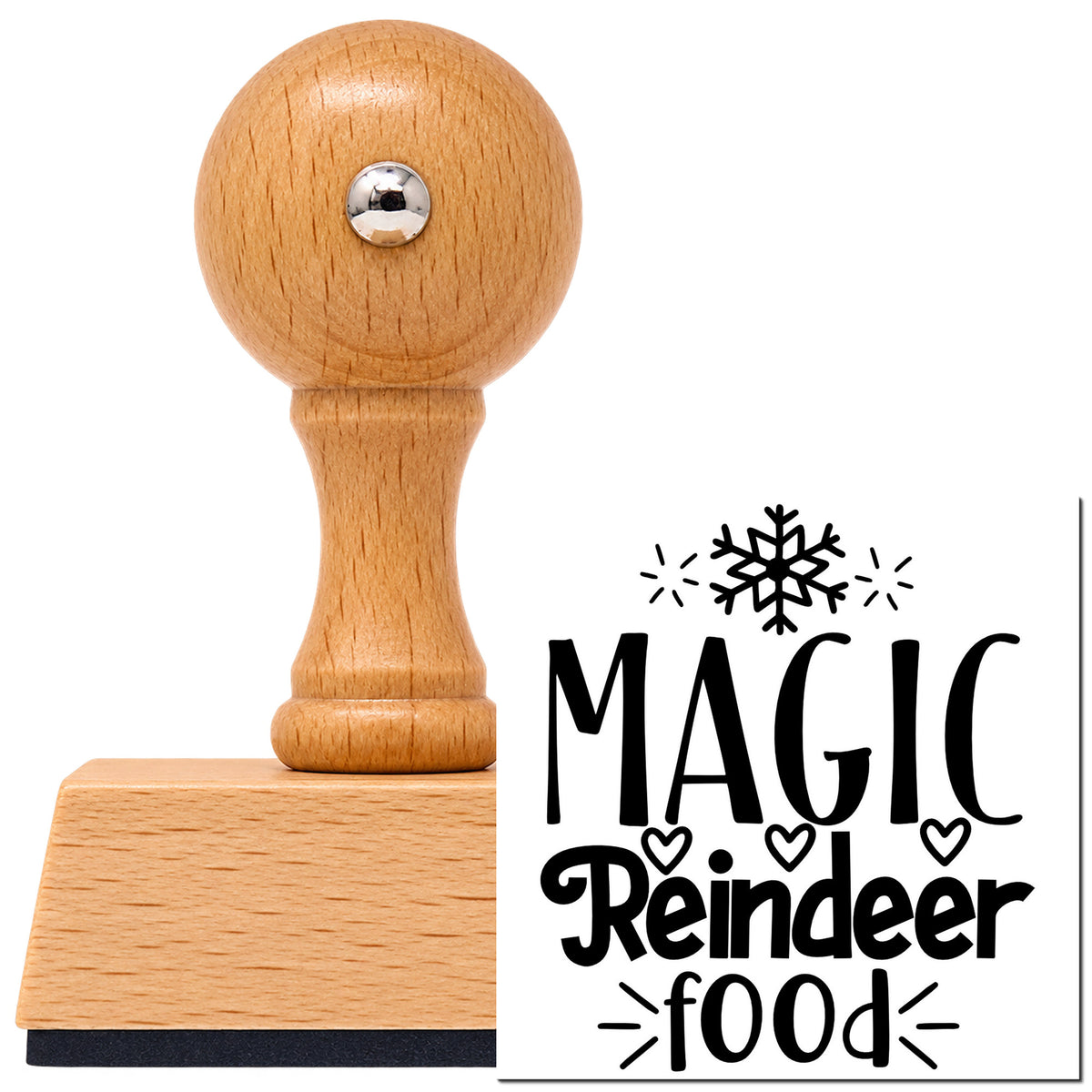 Vintage Pro beech wood stamp with a round knob handle, shown with its black Magic Reindeer Food Snowflake imprint on white.
