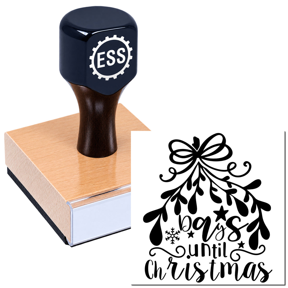 Black ESS stamp and seal on a wooden block with a white decorative "days until Christmas" design on a white background.