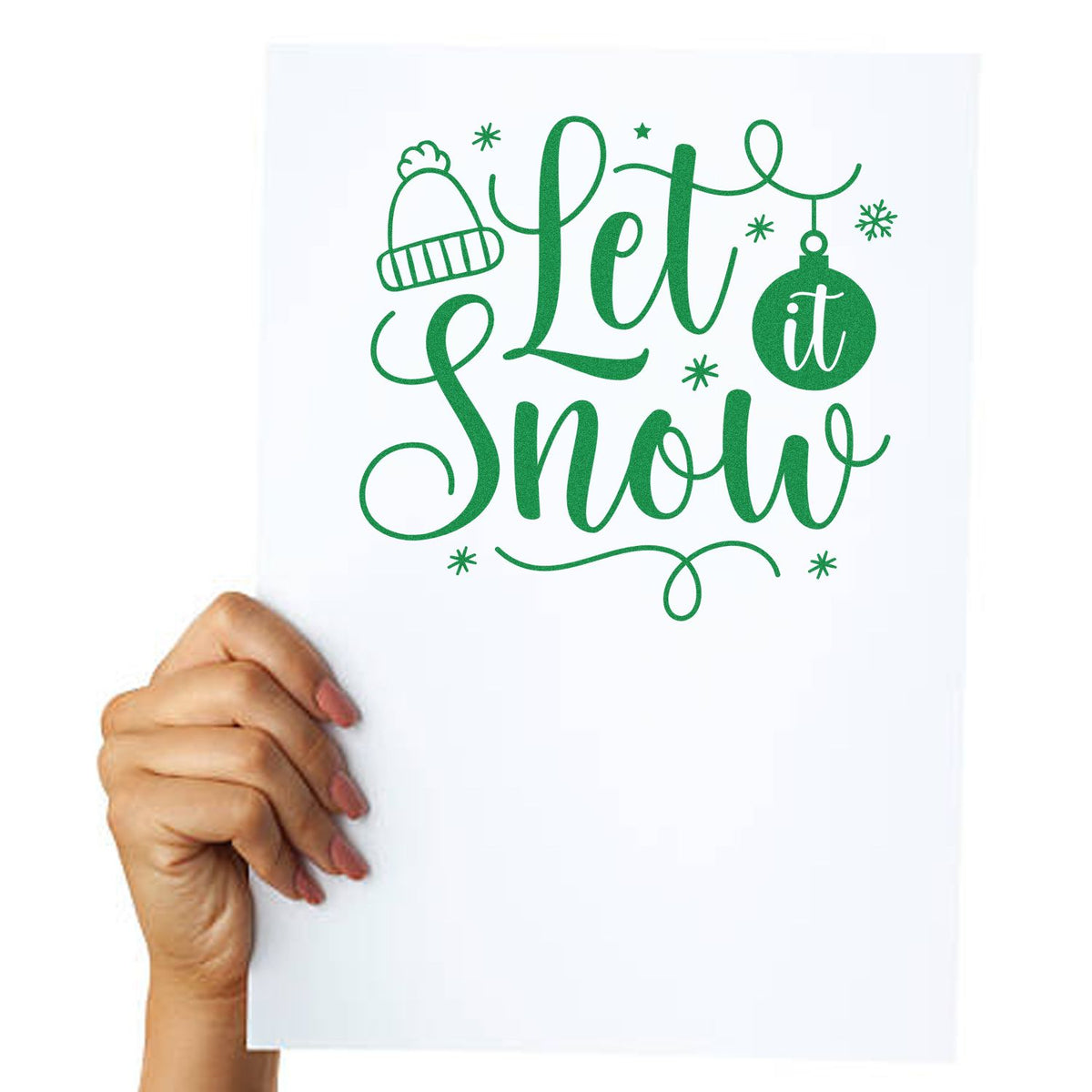 Green Let it Snow stamp and seal design with winter hat, ornament, and snowflakes on a white background.