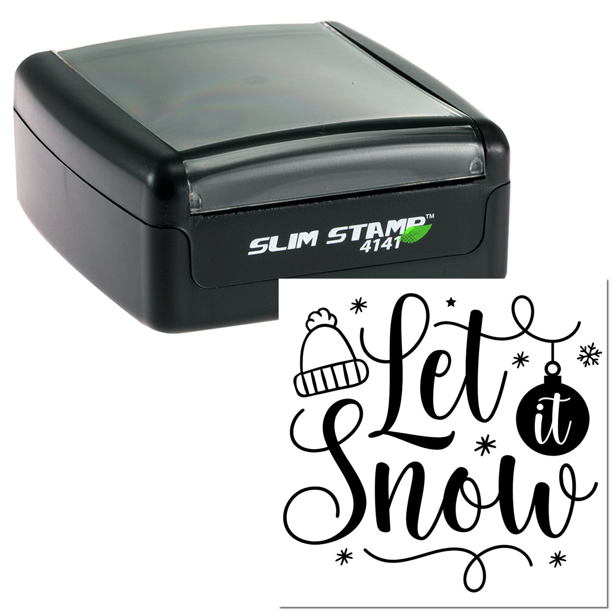 Black Slim Stamp 4141 self-inking seal with gray top and white let it snow design, plus beanie and ornament icons.