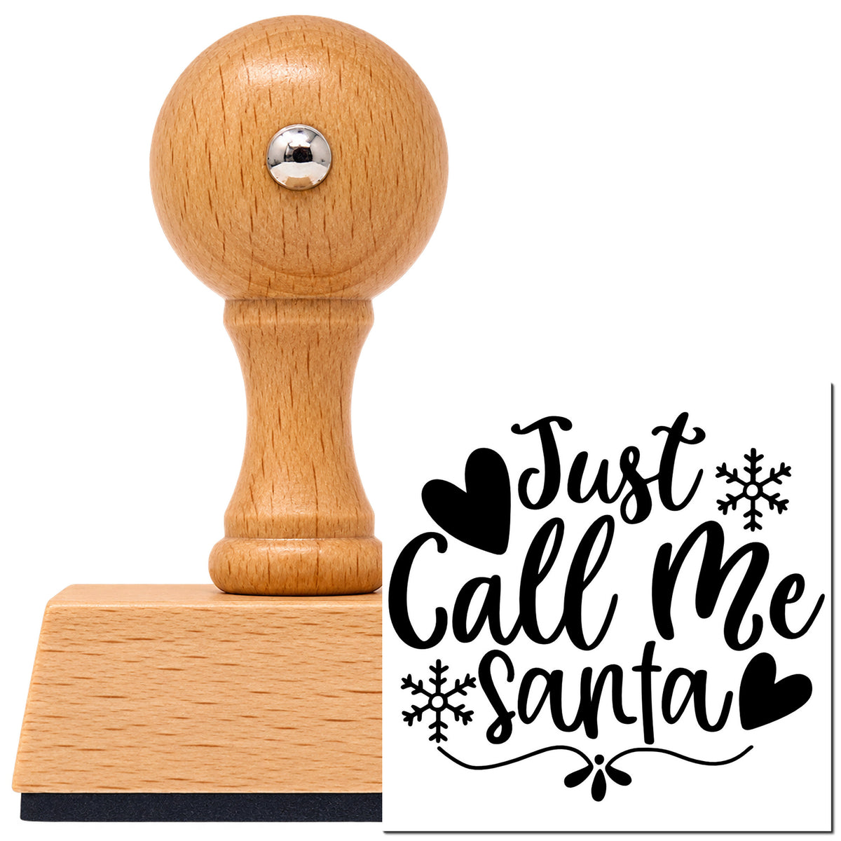 Vintage Pro beech wood stamp with a round knob handle, shown with its black Just Call Me Santa Snowflakes imprint on white.