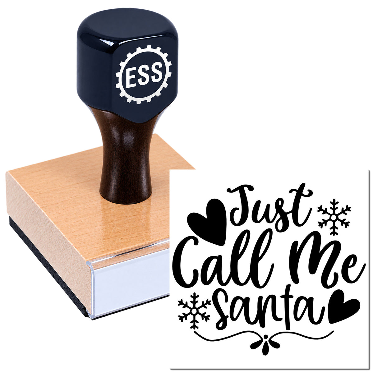 Black ESS stamp and seal on a wood block with a "Just Call Me Santa" design, hearts, and snowflakes.