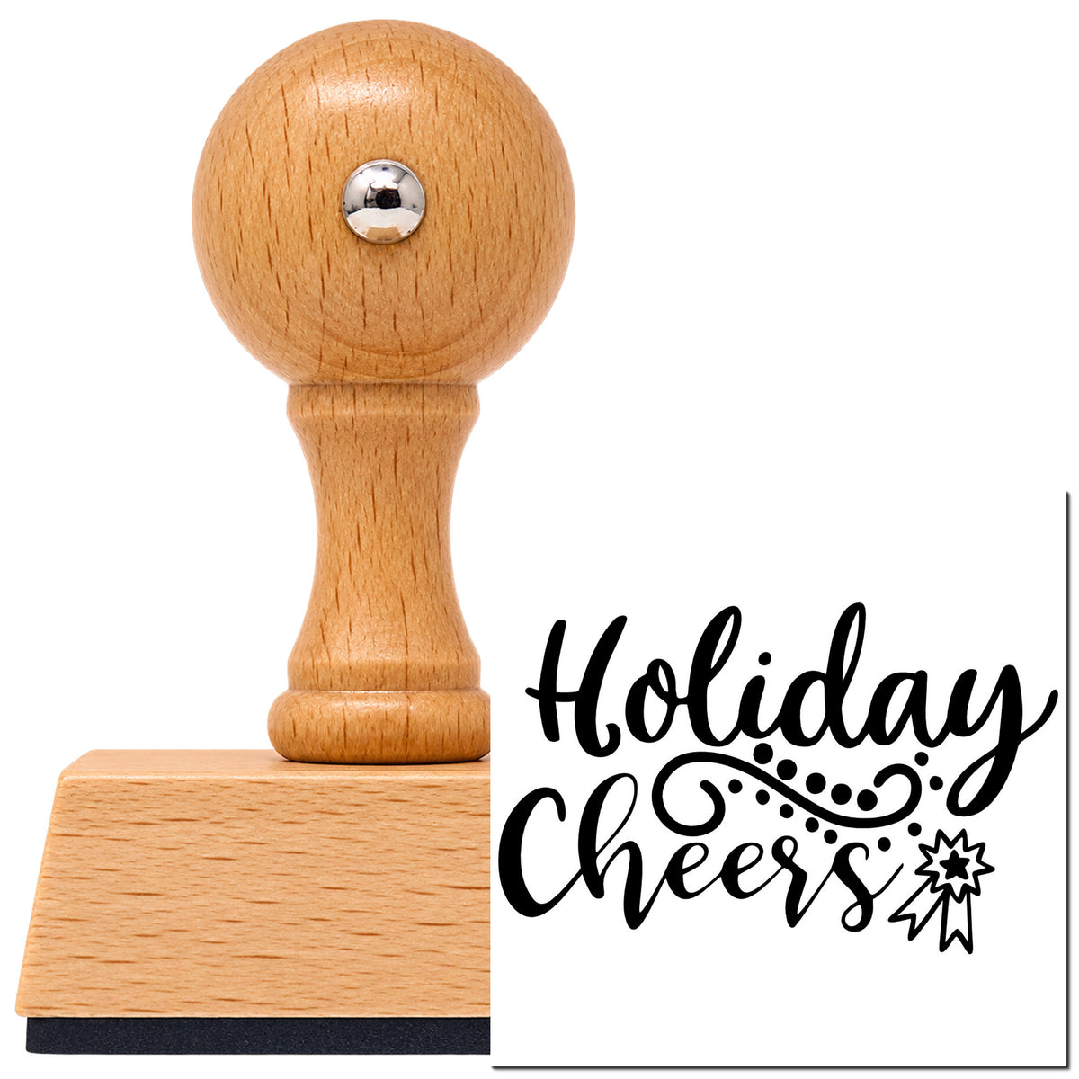 Vintage Pro beech wood stamp with a round knob handle, shown with its black Holiday Cheers Starburst Flourished Lettering imprint on white.