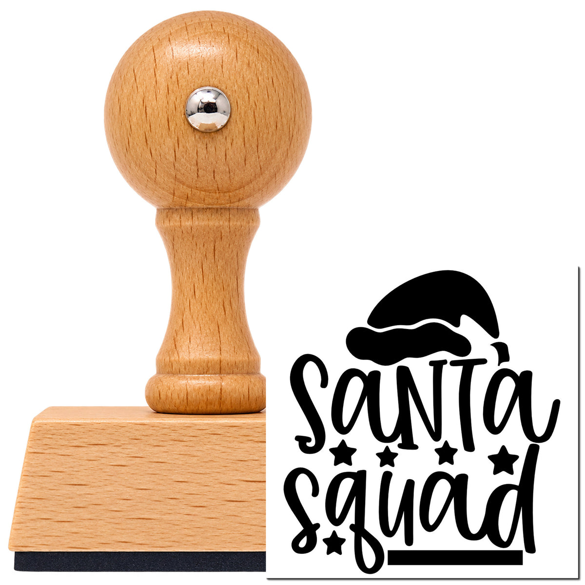 Vintage Pro beech wood stamp with a round knob handle, shown with its black Santa Squad Hat Stars imprint on white.