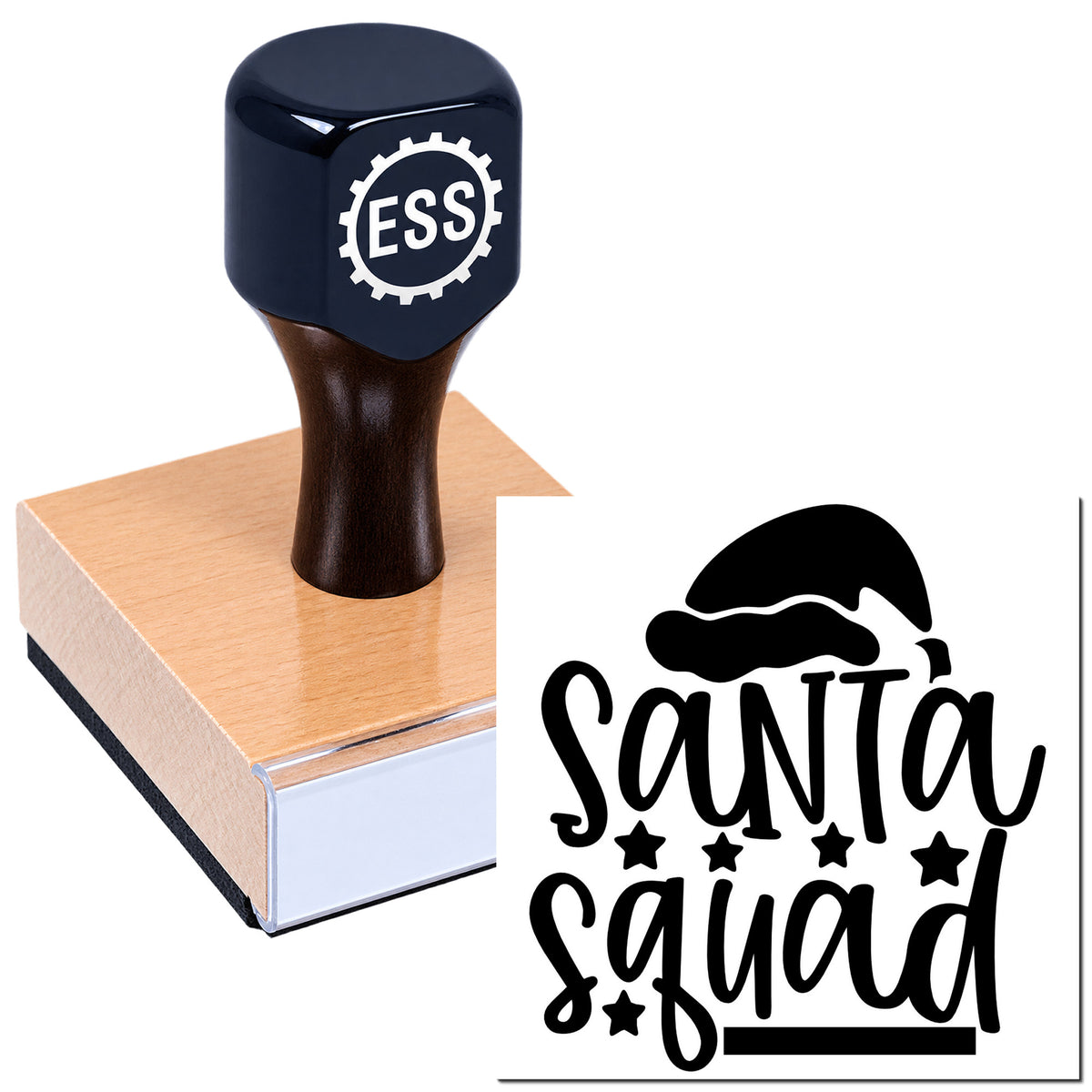 Dark blue ESS rubber stamp on wood block with black-and-white Santa Squad seal logo.