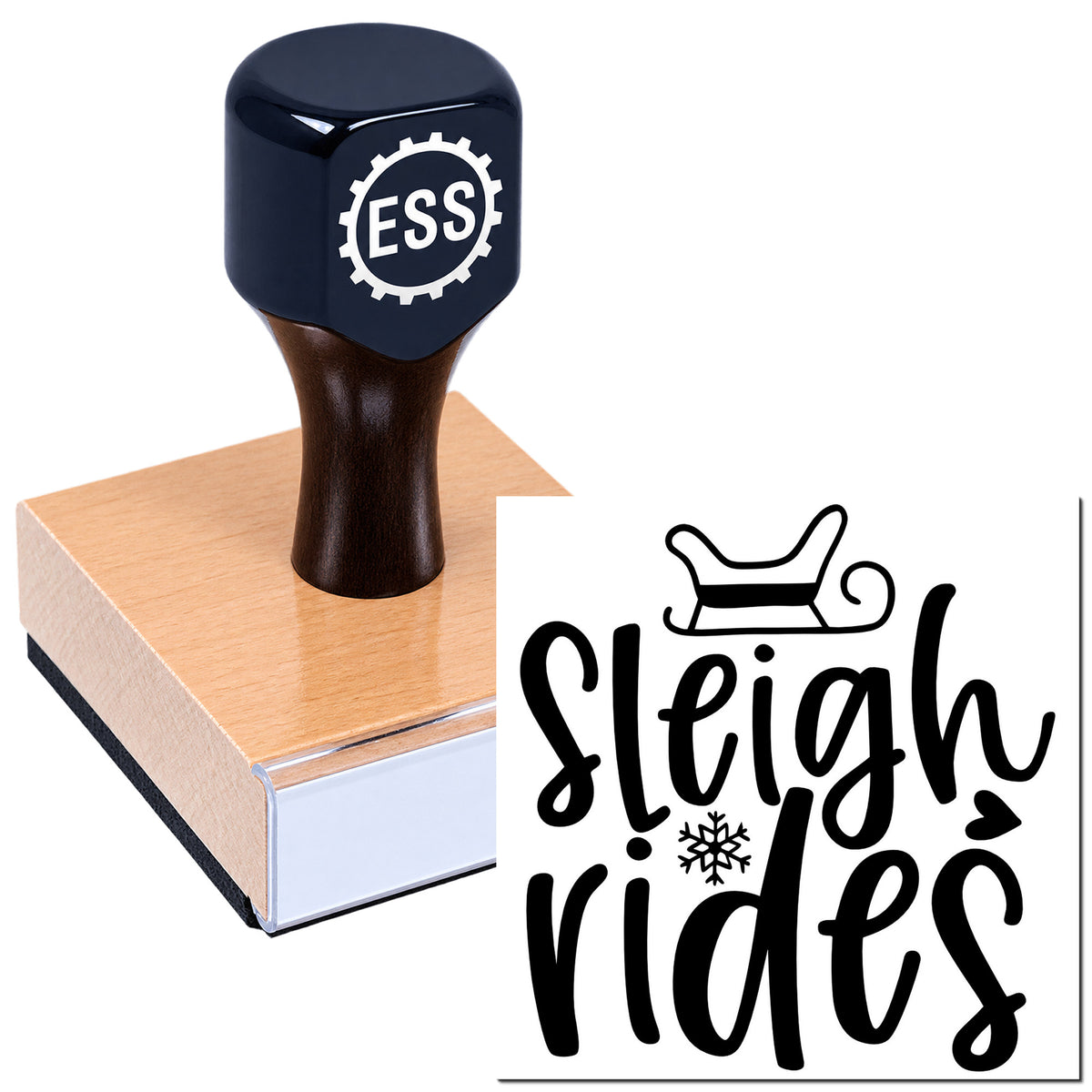 Black ESS stamp and seal with pink base, showing a bold black "Sleigh Rides" holiday design.