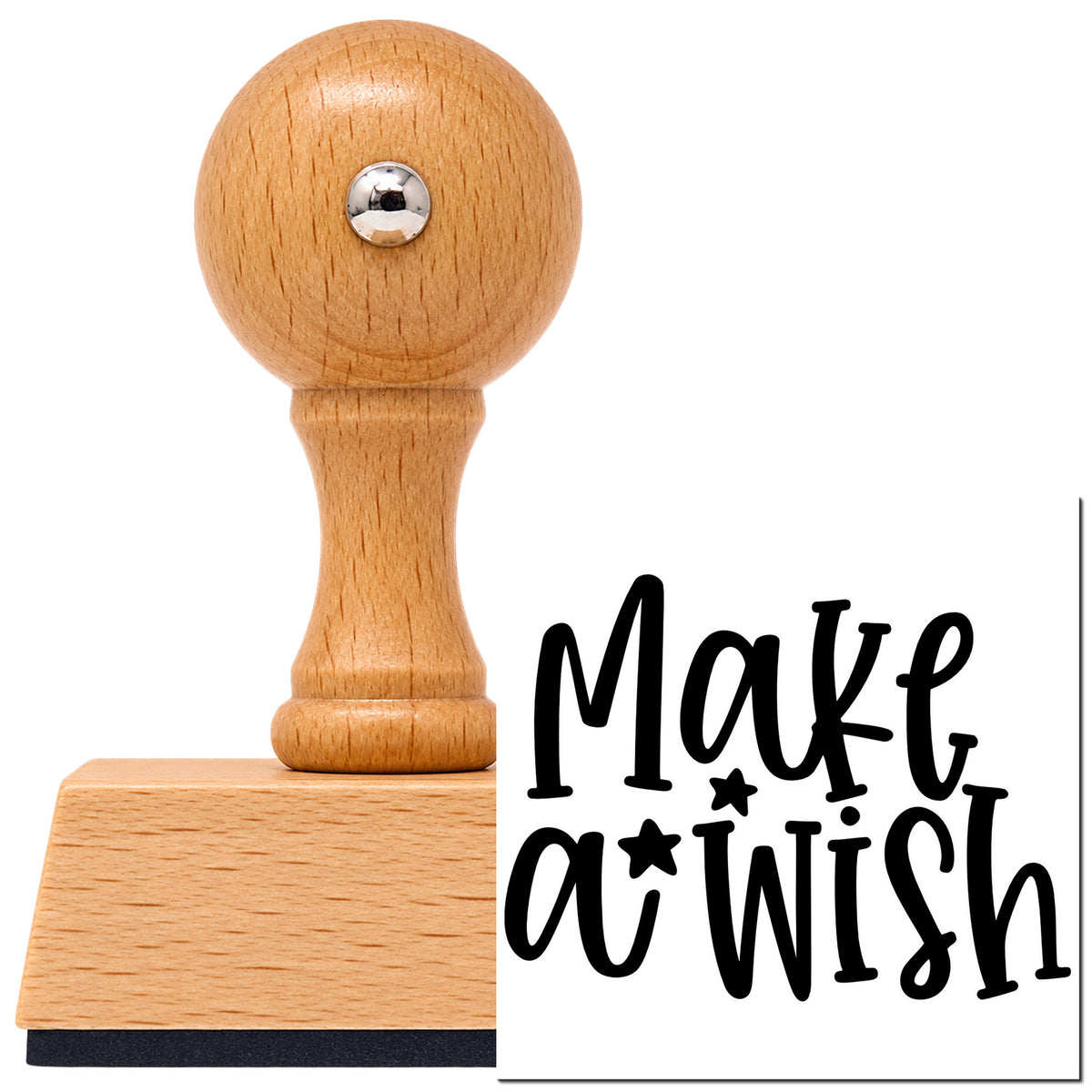 Vintage Pro beech wood stamp with a round knob handle, shown with its black Make A Wish Stars imprint on white.
