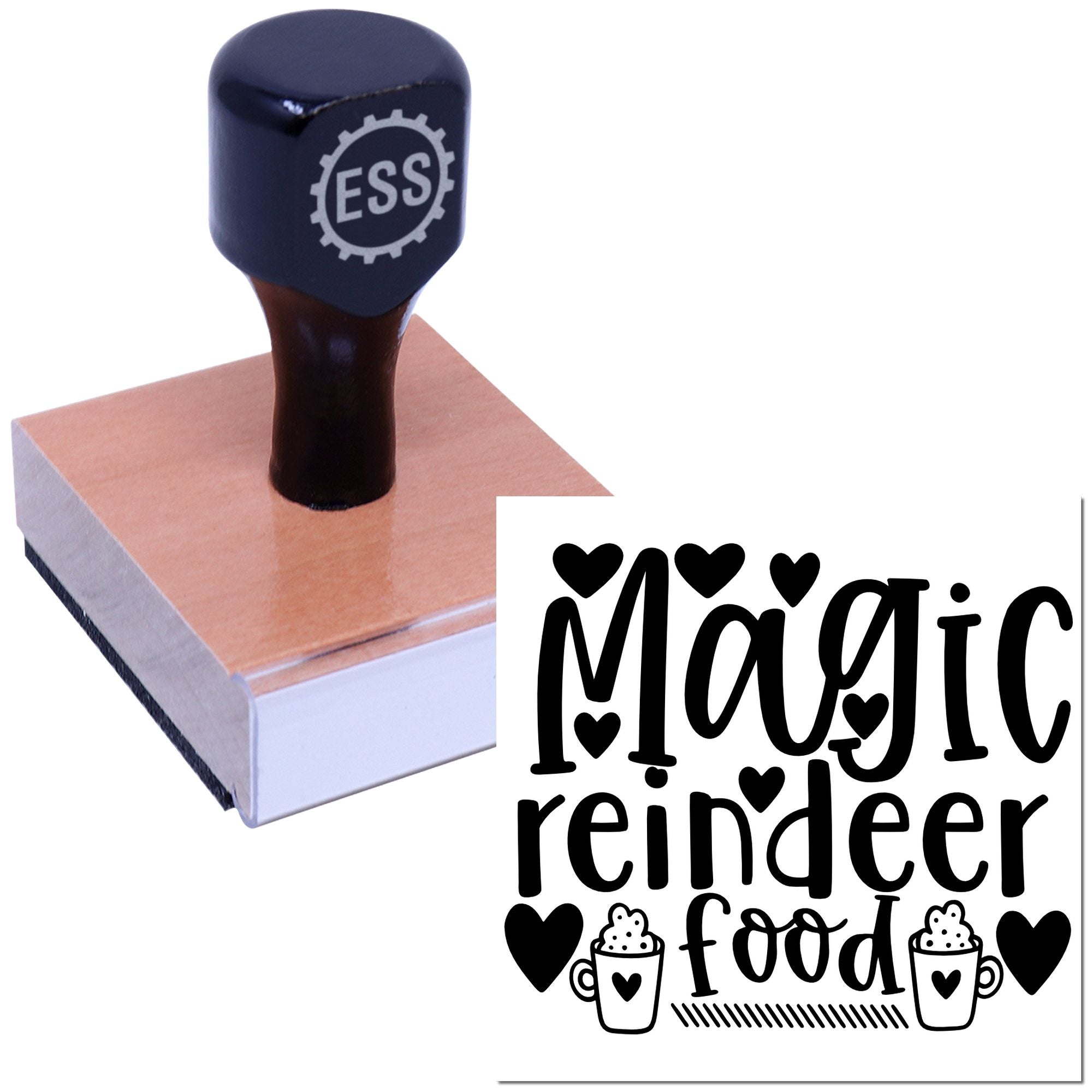 Black ESS stamp and wooden seal block with Magic reindeer food design, hearts, and festive cup icons.
