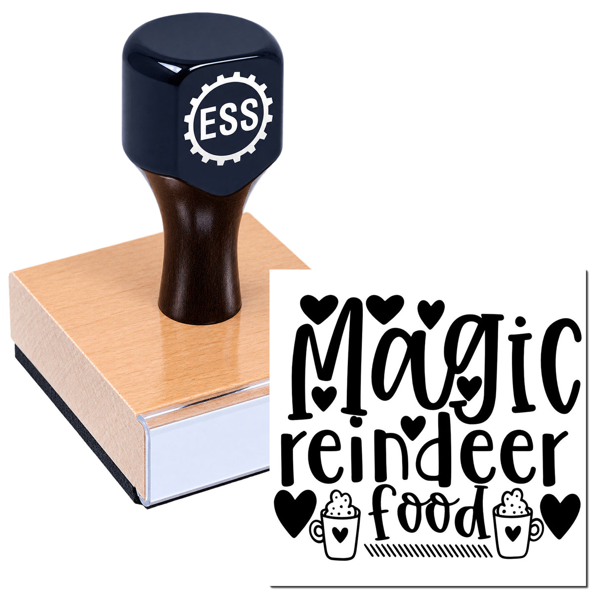 Black ESS stamp and wooden seal block with "Magic reindeer food" design, hearts, and festive cup icons.