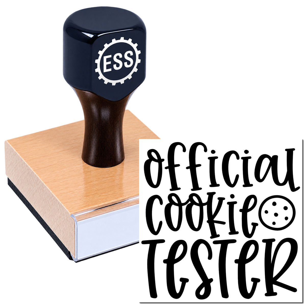 Dark blue ESS rubber stamp on wooden base with "official cookie tester" seal text.