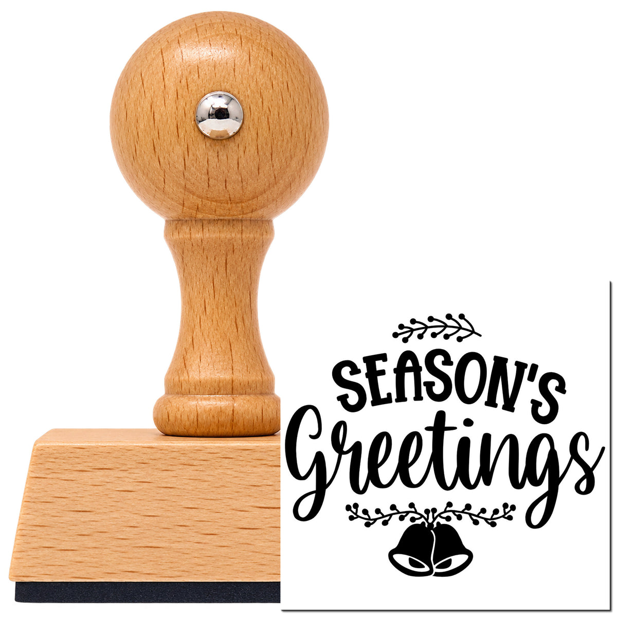 Vintage Pro beech wood stamp with a round knob handle, shown with its black Season's Greetings Hanging Bells Botanical Sprig imprint on white.