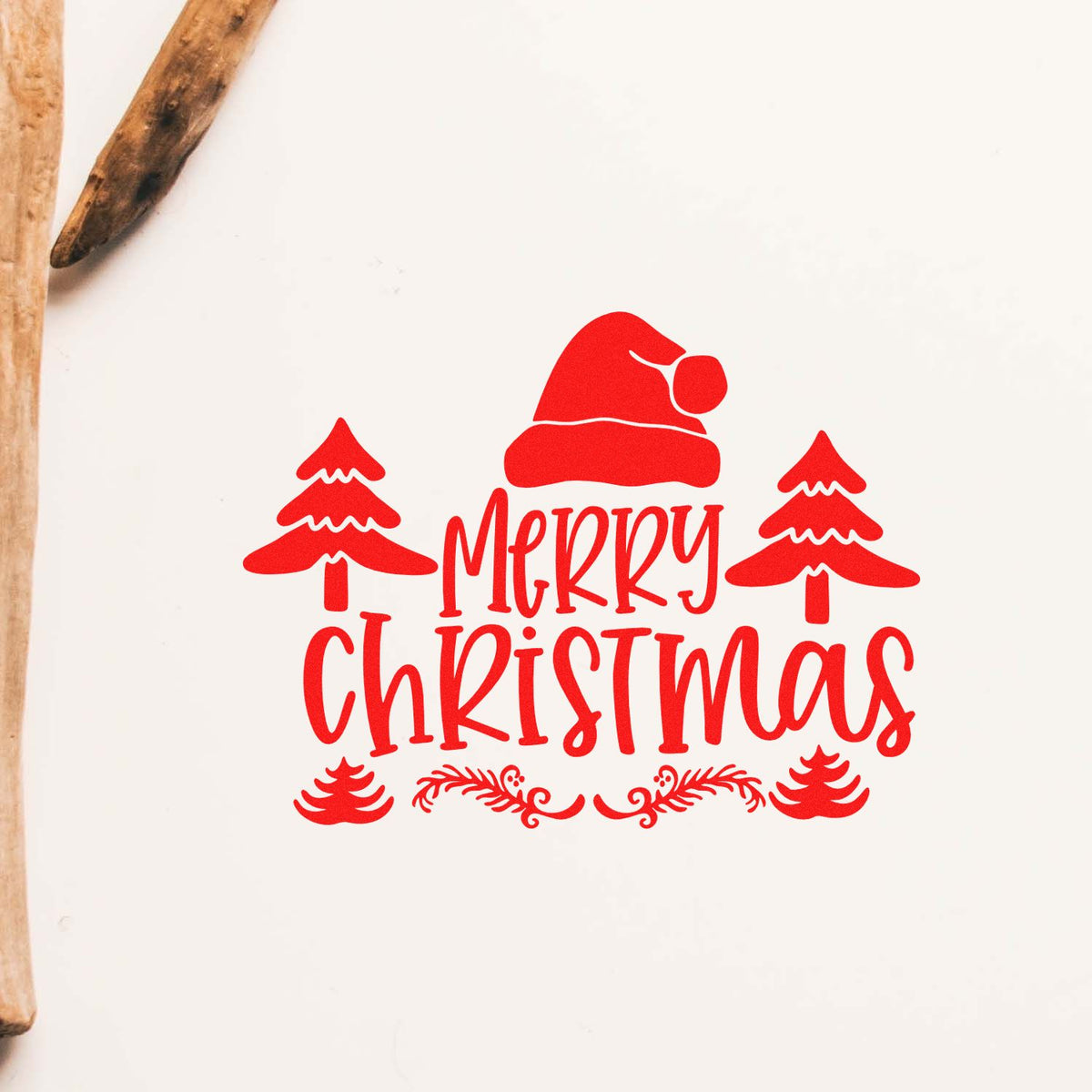 Red Merry Christmas stamp and seal design with Santa hat, pine trees, and festive swirls on white background