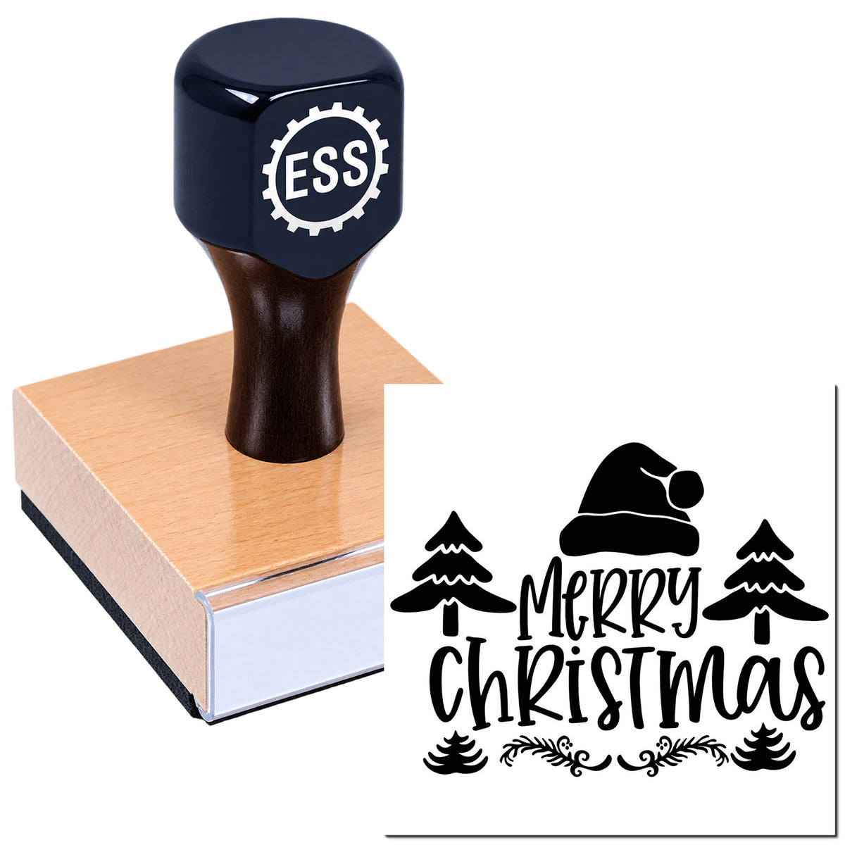 Navy ESS custom rubber stamp on wooden block beside black Merry Christmas seal with Santa hat, trees, and festive lettering.
