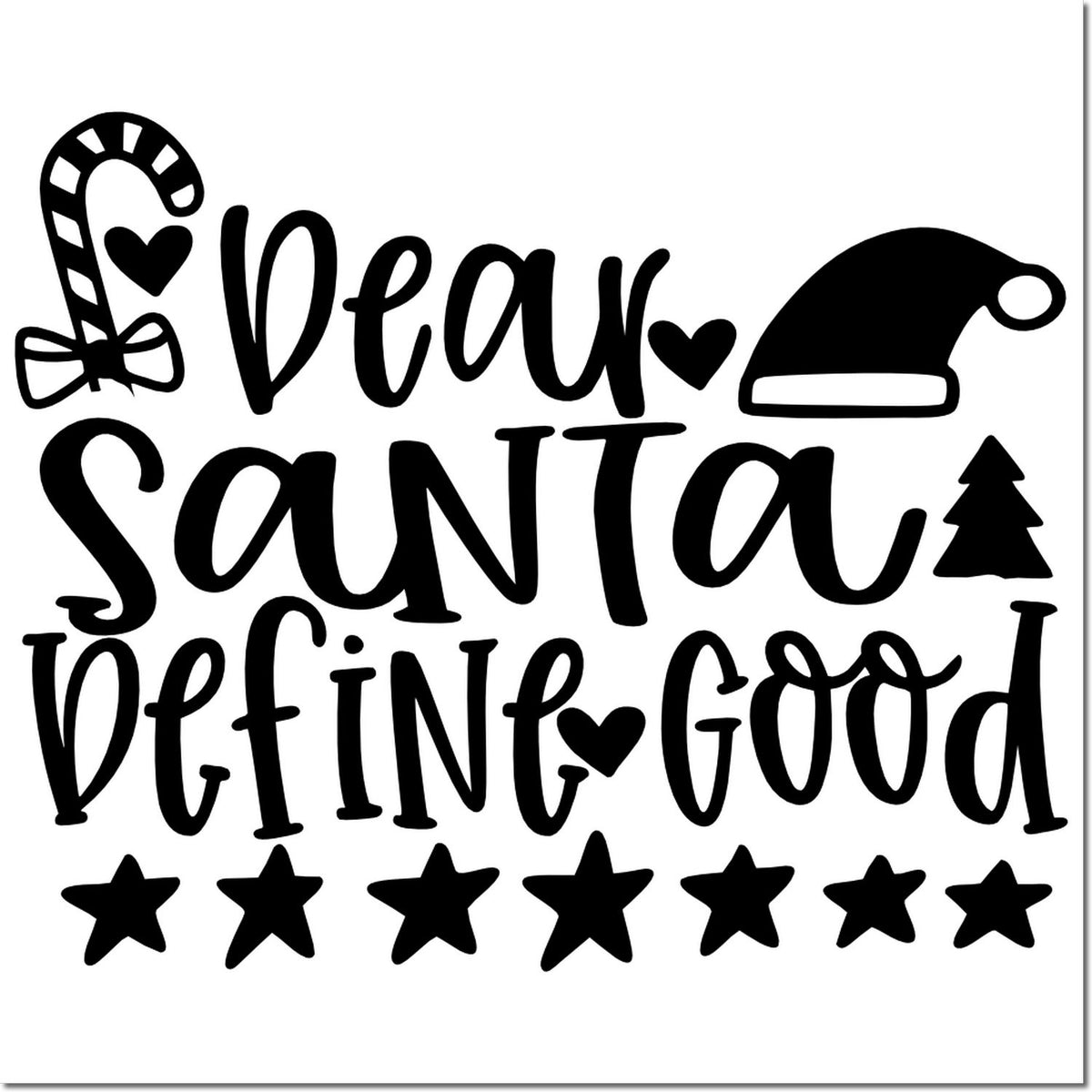 Black festive stamp and seal design with candy cane, Santa hat, stars, and Dear Santa define good lettering.