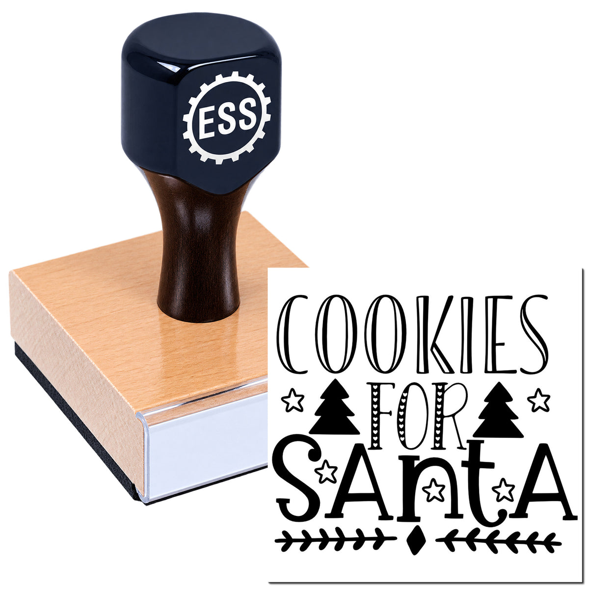 Dark blue stamp and seal product on a wooden block with a black "Cookies for Santa" design.