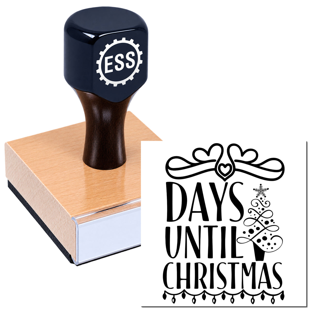 Dark navy ESS stamp on wooden block beside black decorative Days Until Christmas seal design