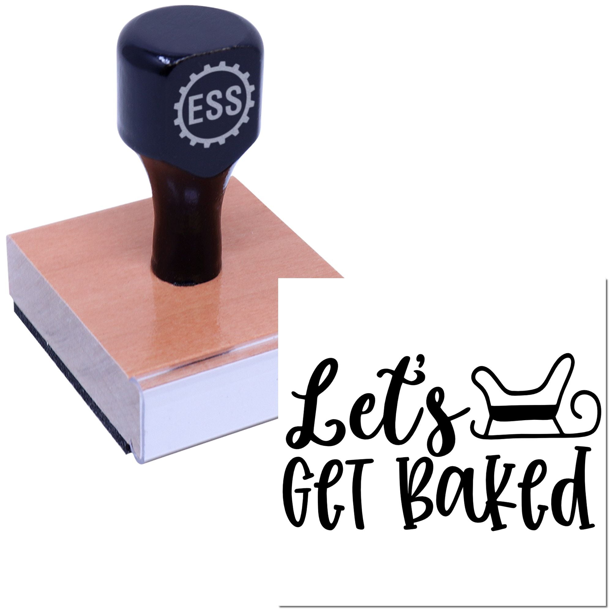 Dark navy rubber stamp with ESS gear logo on a wooden block beside a white seal reading Lets Get Baked with sleigh graphic.
