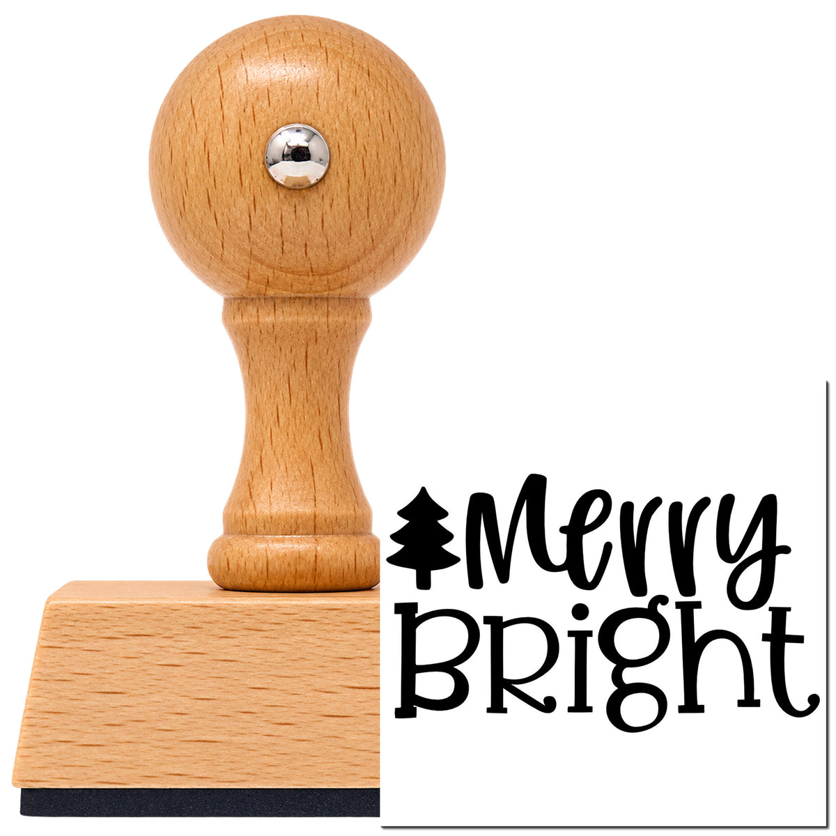 Vintage Pro beech wood stamp with a round knob handle, shown with its black Merry Bright Christmas Tree Lettering imprint on white.