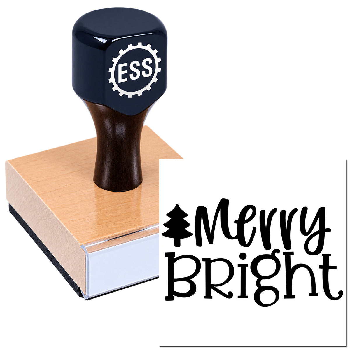 Black ESS self-inking stamp on wood block with Merry Bright holiday seal in black script and tree icon.