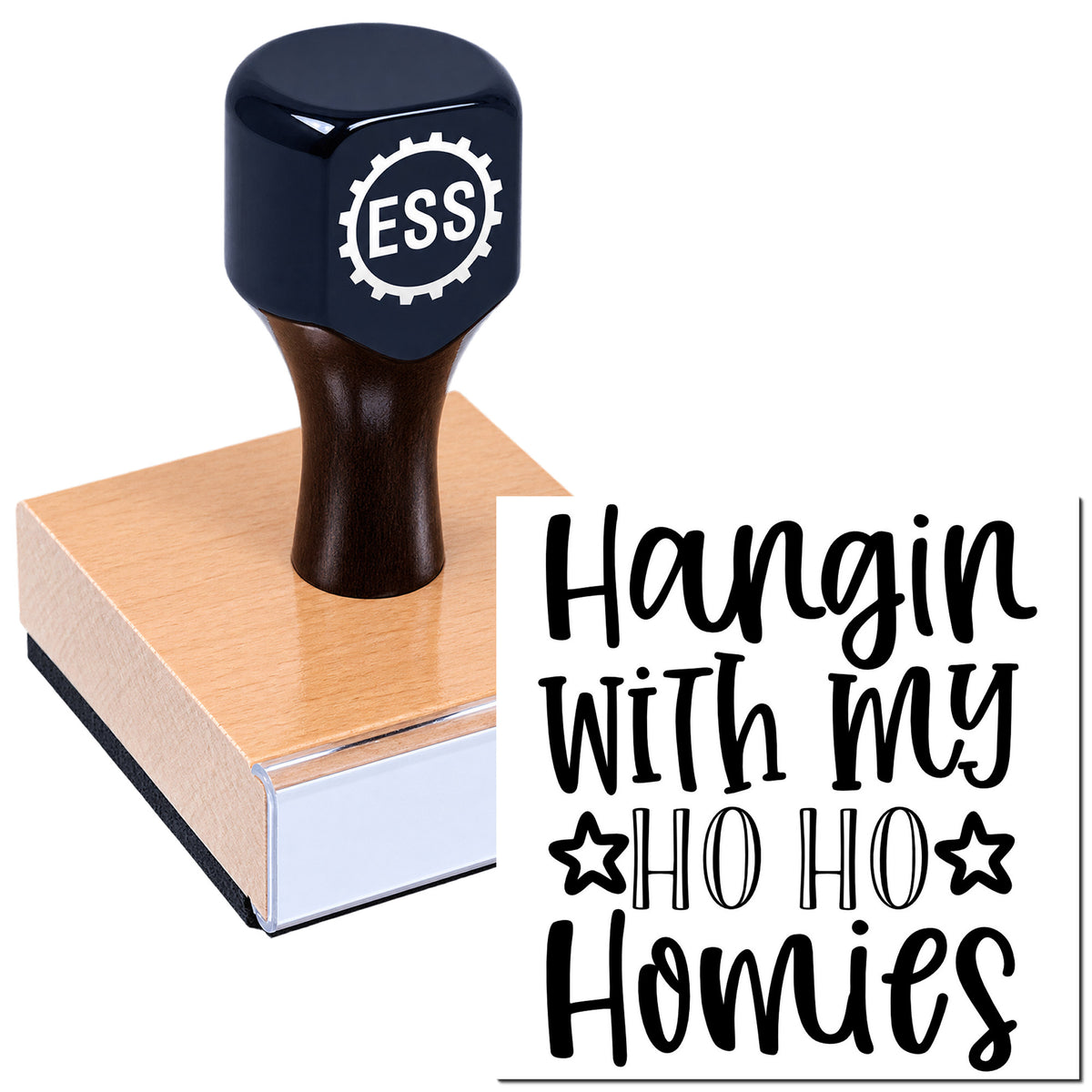 Dark blue ESS stamp and seal on a peach block, with "Hangin with my HO HO Homies" Christmas text.