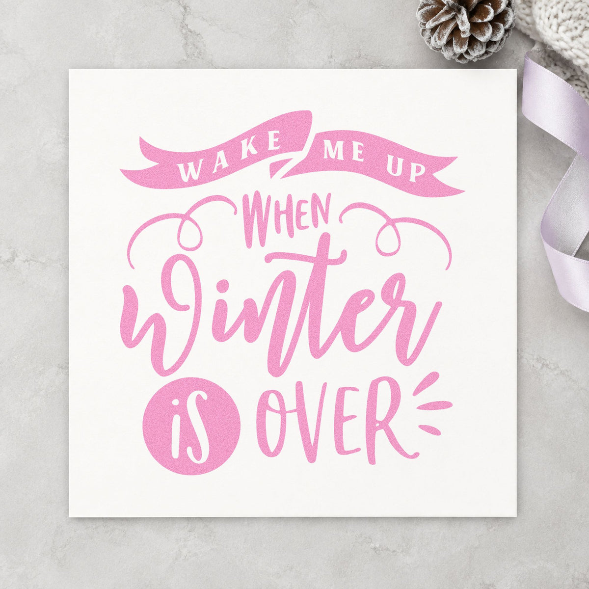 Wake Me When Winter Ends craft stamp in purple ink on cardstock, an easy option for warm trip album page.