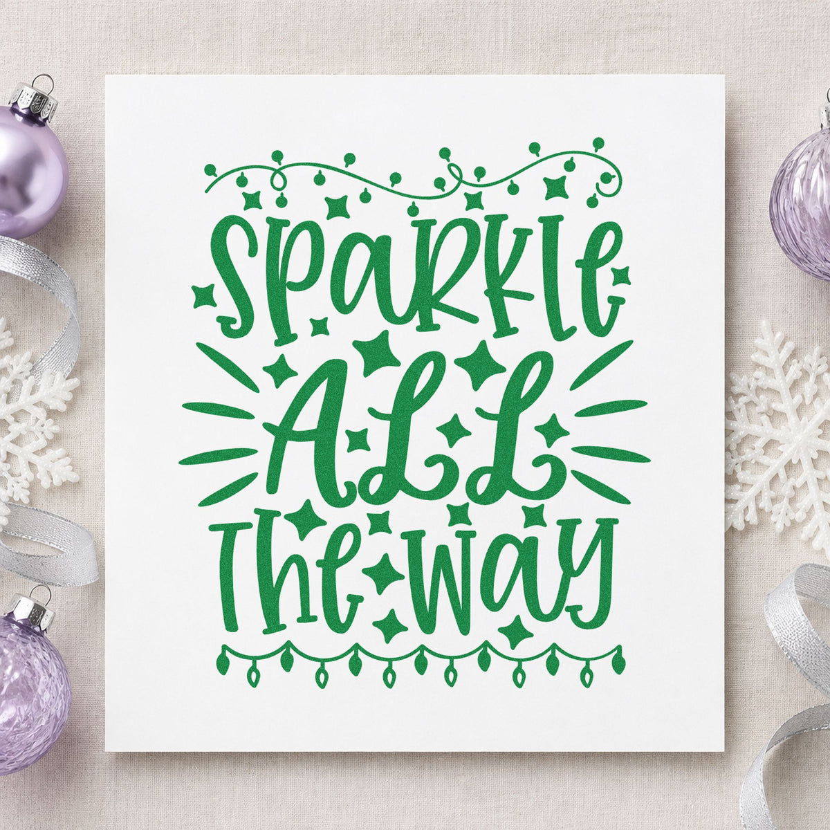 Sparkle All The Way Lights craft stamp imprint in green ink on a handmade project, one idea being estimate slip cards.