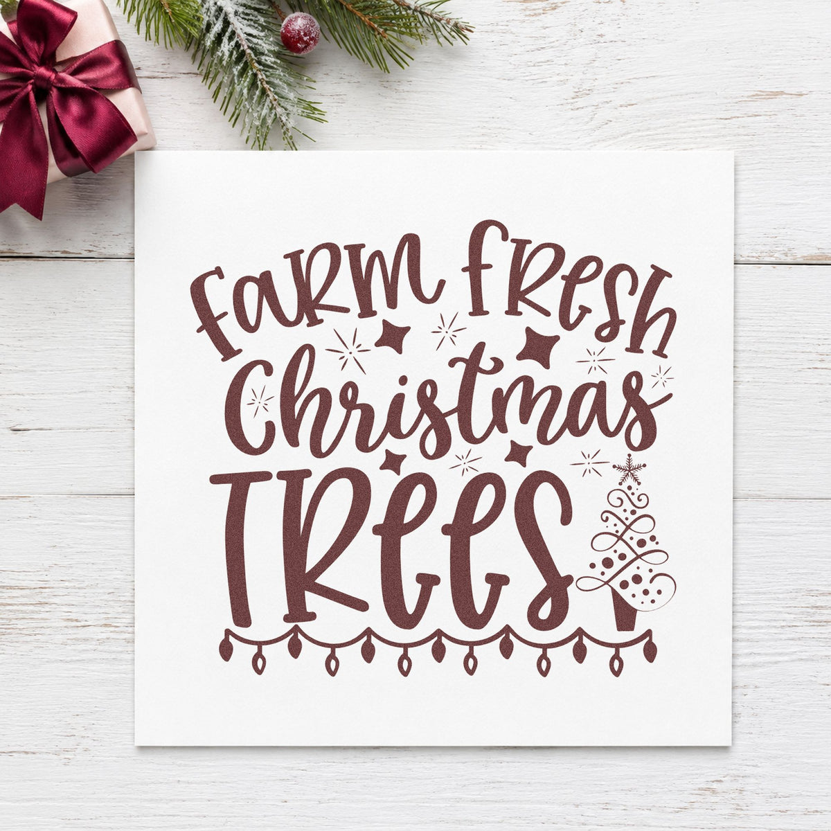 Farm Fresh Christmas Trees rubber stamp printed in brown ink, ready for evening shift sheet and similar paper crafts.